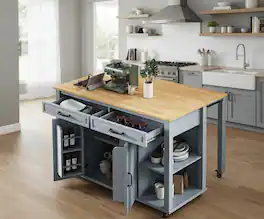 Forest'nSky - 47 inch Rolling Kitchen Island with Storage, Rubber Wood Veneer Table, Power Outlet, Internal Rack - Grey Blue