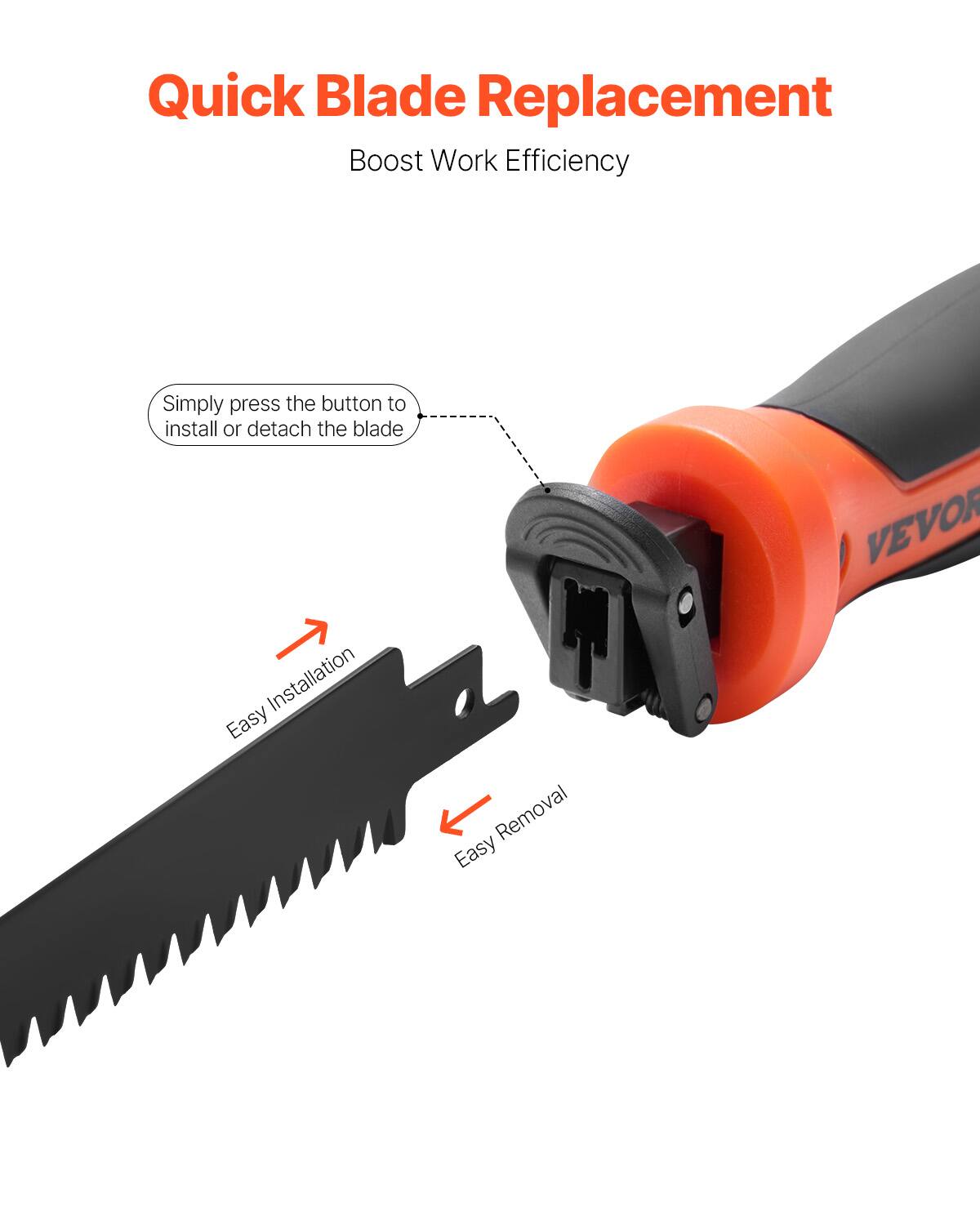 Quick Blade Replacement  
Boost Work Efficiency  

Simply press the button to install or detach the blade  

Easy Installation  
Easy Removal  

VEVOR