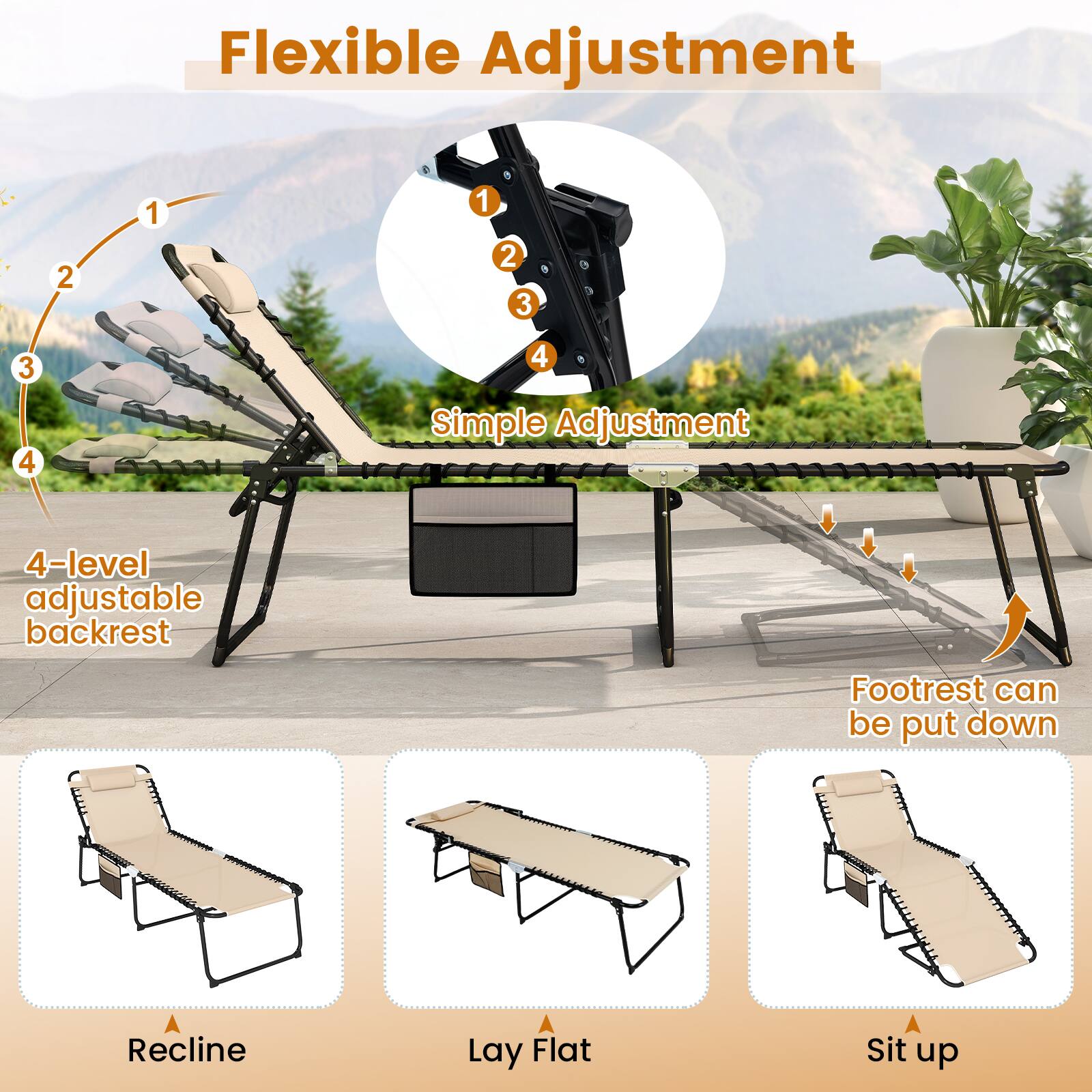 Flexible Adjustment: 1, 2, 3, 4

Simple Adjustment: 4-level adjustable backrest

Footrest can be put down

Recline

Lay Flat

Sit up