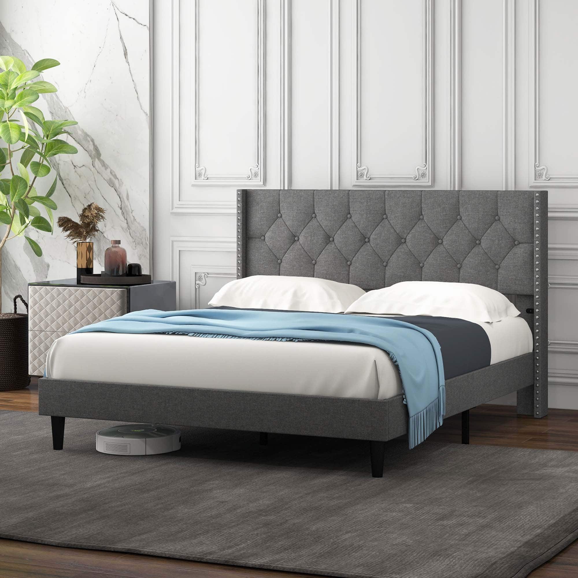 Costway - Queen Size Upholstered Platform Bed Button Tufted Headboard Mattress Foundation - Gray price history on PriceWatchPro