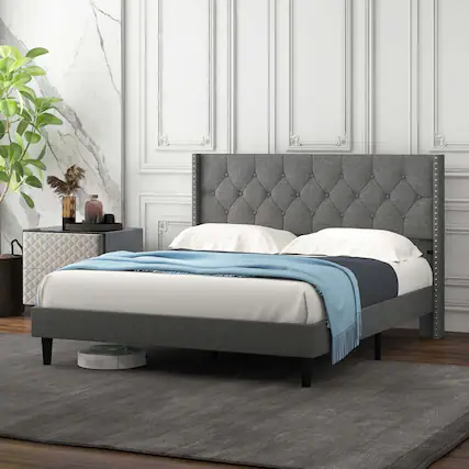 Front. Costway - Costway Queen Size Upholstered Platform Bed Button Tufted Headboard Mattress Foundation - Grey.