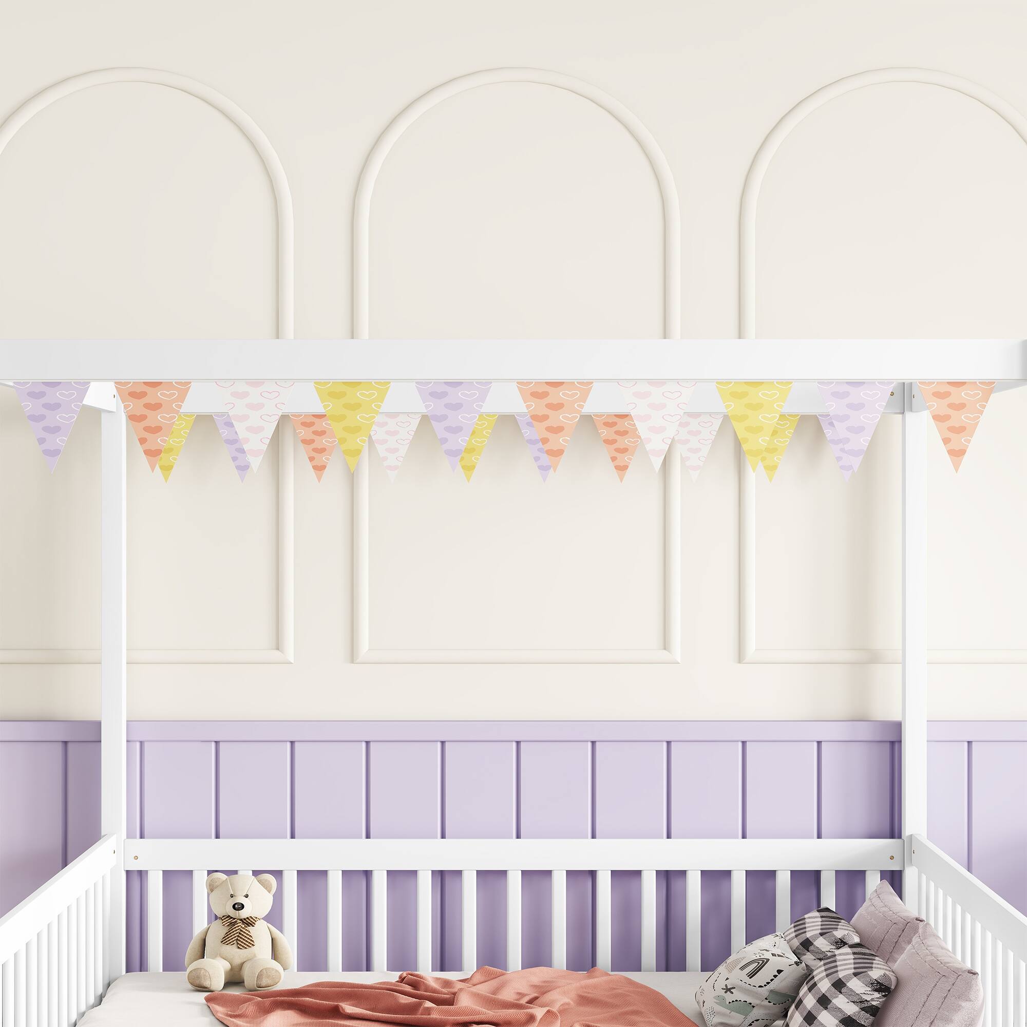 Alt View 2. Tiramisubest - Full Size Canopy Frame Floor Bed with Fence, Guardrails,White - White.