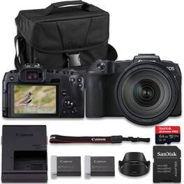 Bundle - Canon - EOS RP Camera with RF 24-105mm F4L Lens, Extra Battery, 64GB Card & Case - Black