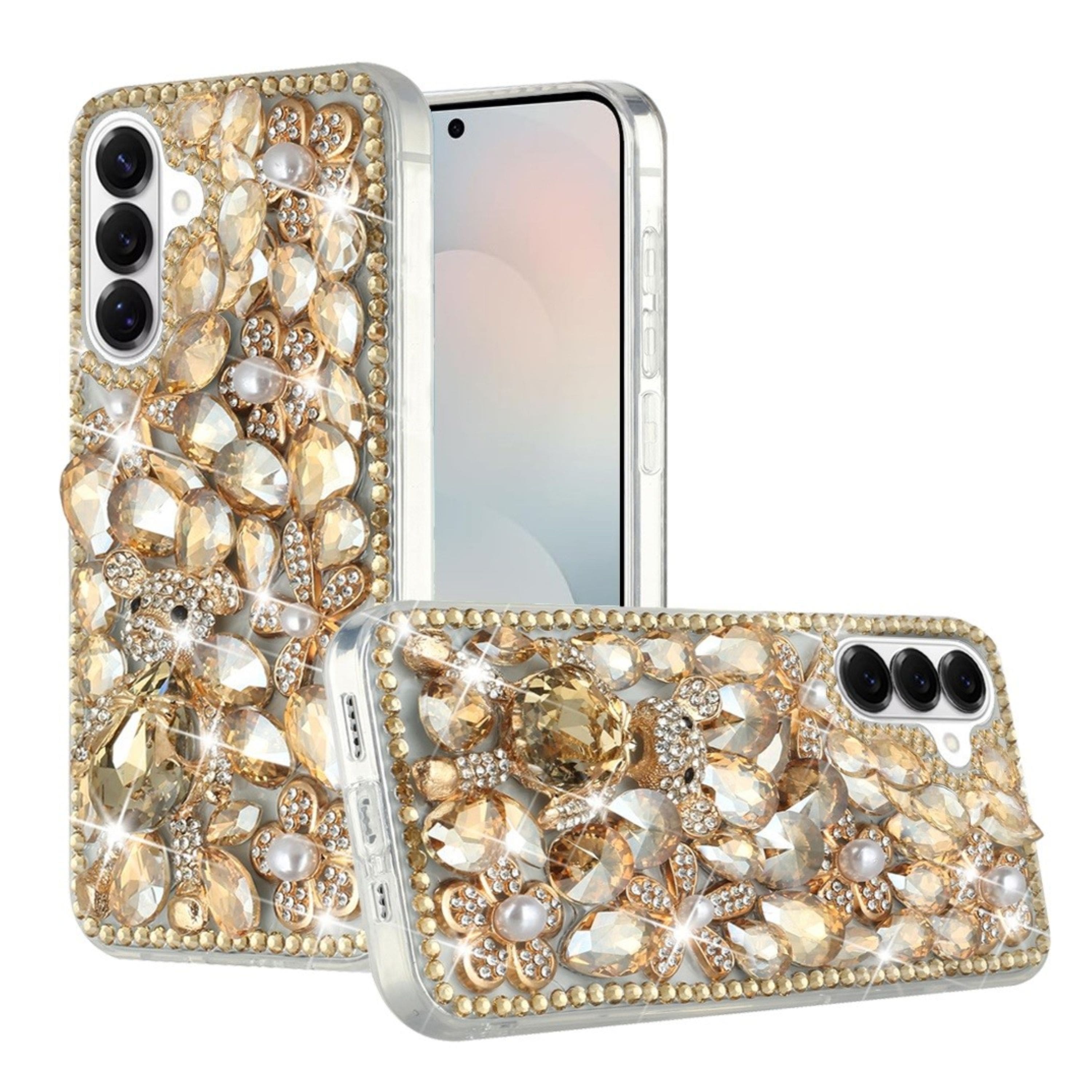 Kitcheniva - Full Diamond Bling 3D Jewel Ornaments Design Phone Case With Tempered Glass For Samsung S26 Panda Floral - Gold price history on PriceWatchPro
