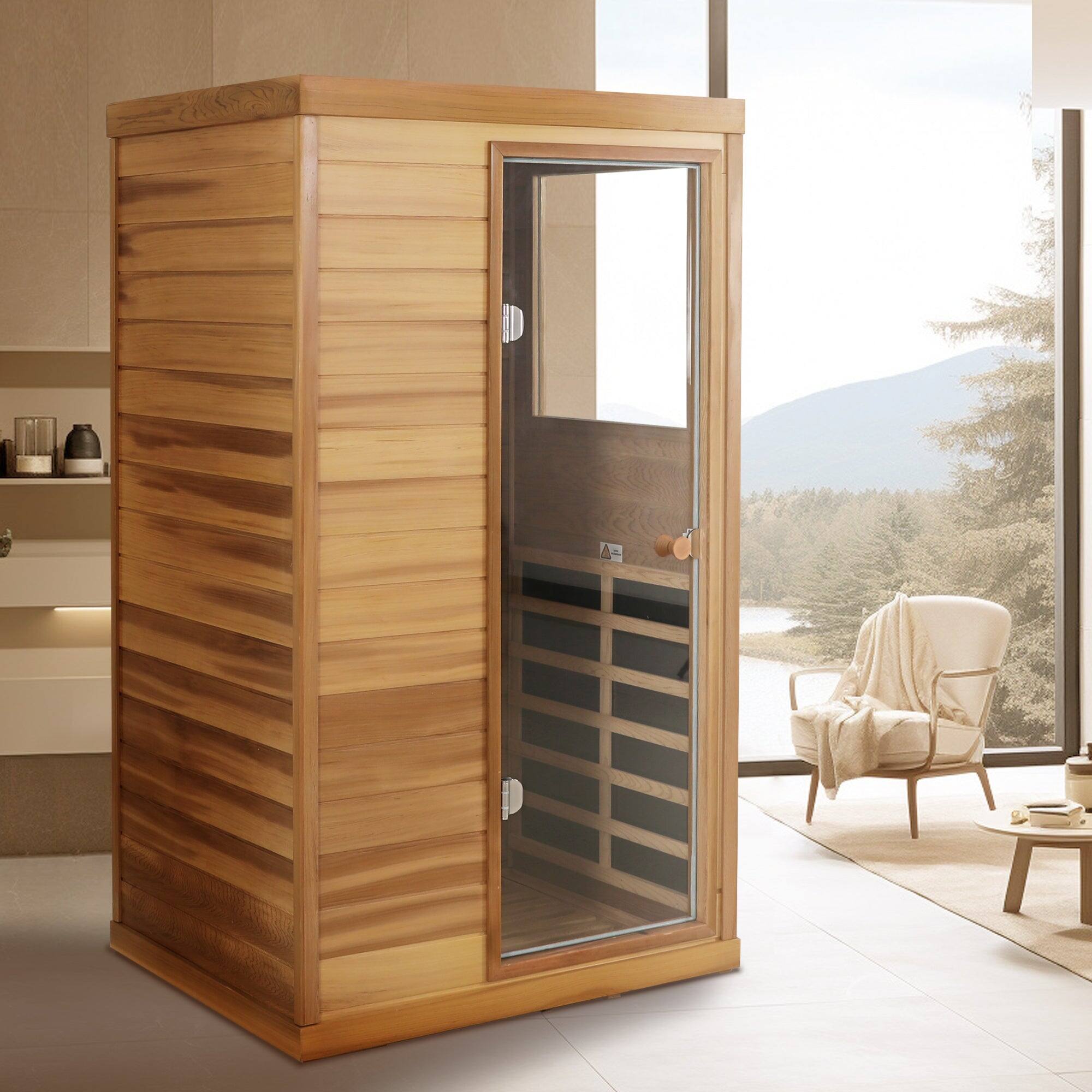Alt View 2. Boyel Living - Red Cedar Mini 1-Person Far Infrared Sauna with Glass Door (Right) and Bluetooth Audio - Natural Wood+Caramel.