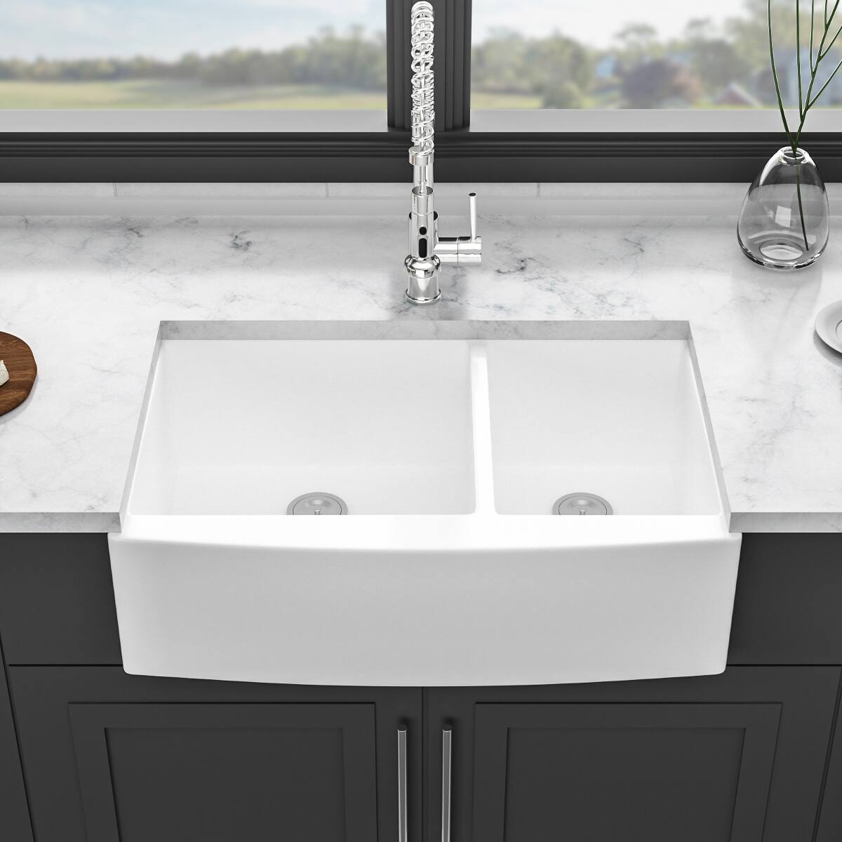 Angle. Ropilly - Ropilly 33 inch white farmhouse sink ceramic double bowl apron front kitchen sink with dish grids and strainers - White.