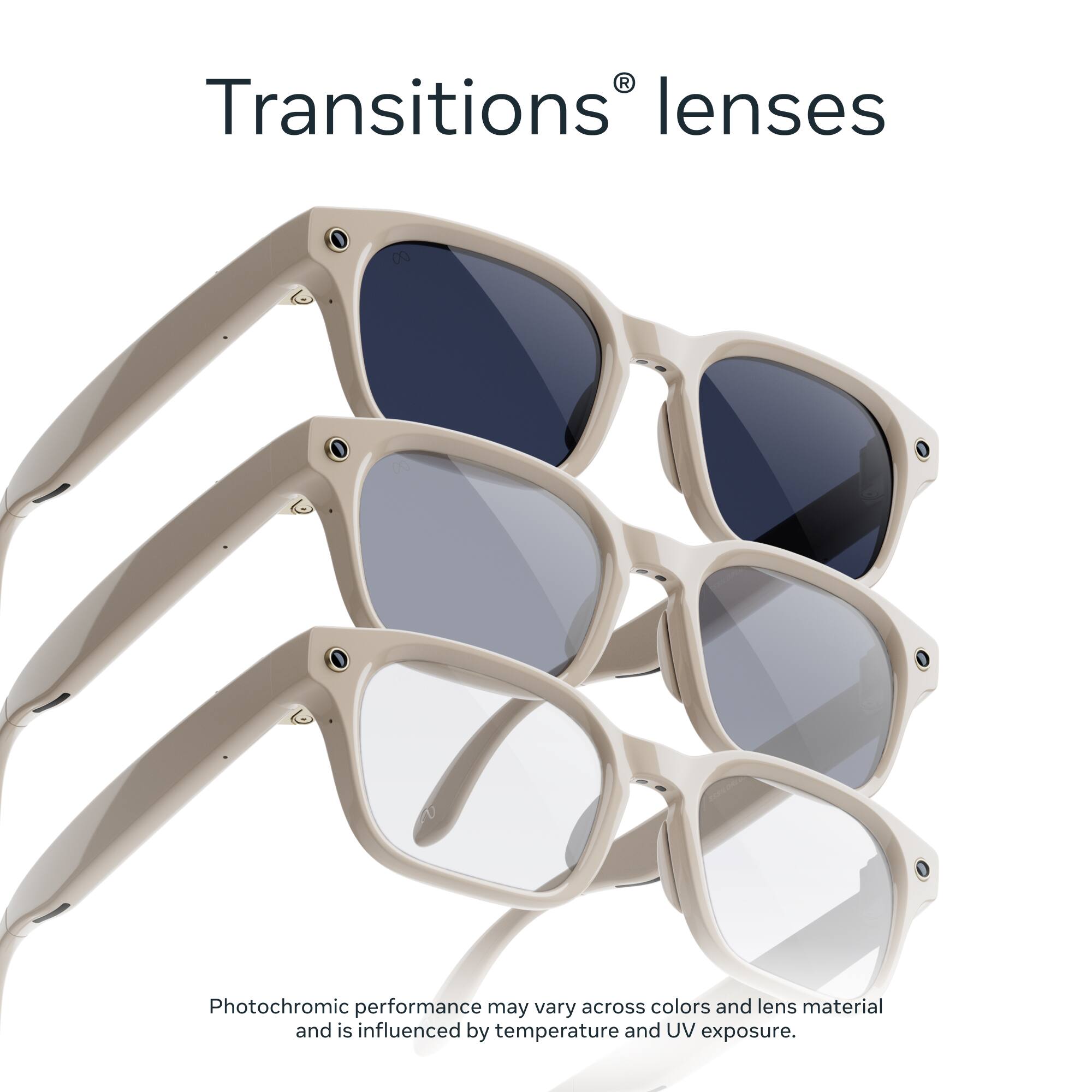 Transitions® lenses

Photochromic performance may vary across colors and lens material and is influenced by temperature and UV exposure.