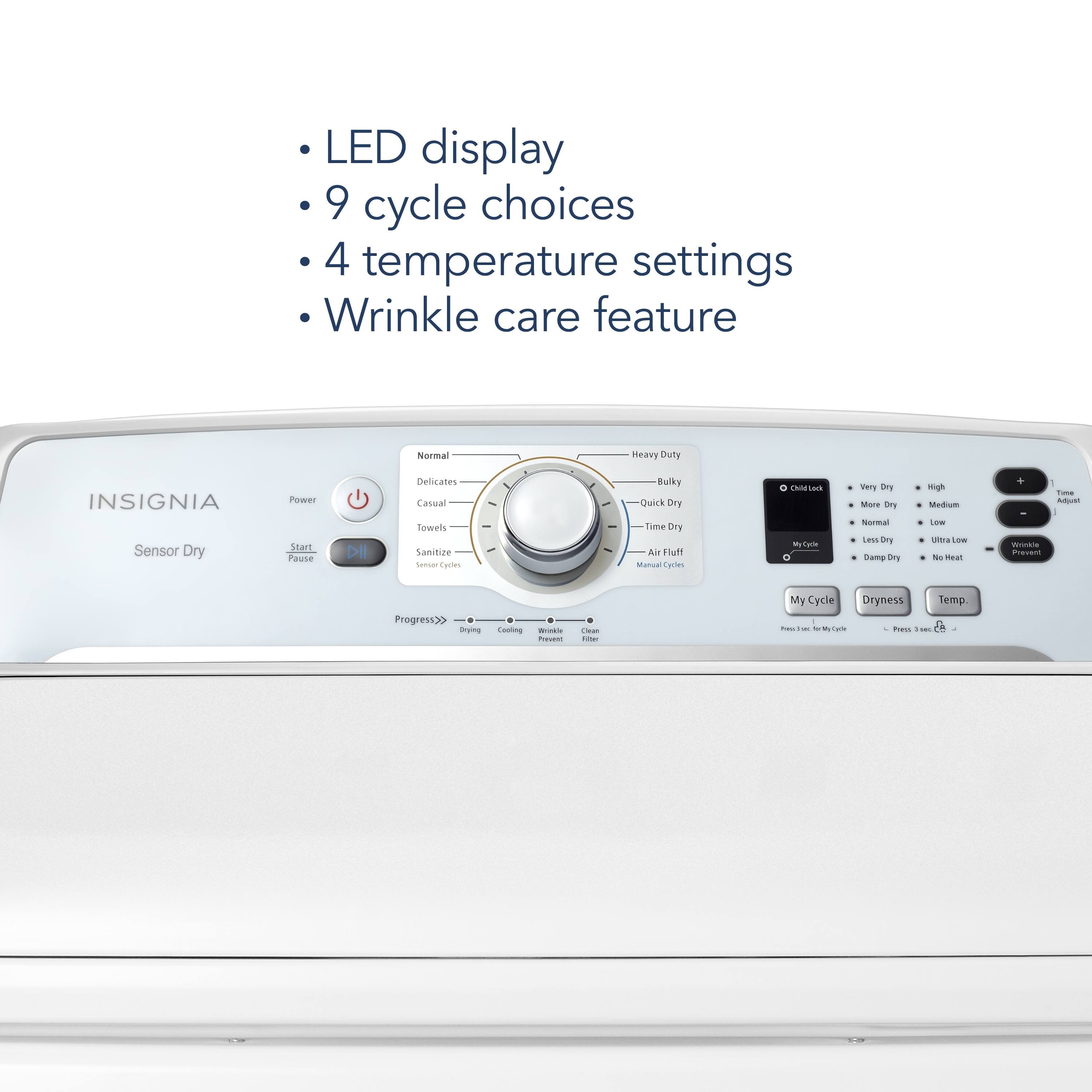 The text on the image reads:

LED display, 9 cycle choices, 4 temperature settings, Wrinkle care feature. Normal, Delicates, Casual Towels, Sanitize, Quick Dry, Time Dry, Auto Dry, Hang Dry, Manual, Cure-Alls - as many as you need. Smyrna City Sensor Dryer. Start, Pause, Dry, Delicates, Casual Towels, Sanitize, Set Temperature, Auto Dry, Hang Dry, Manual, Cure-Alls - as many as you need.