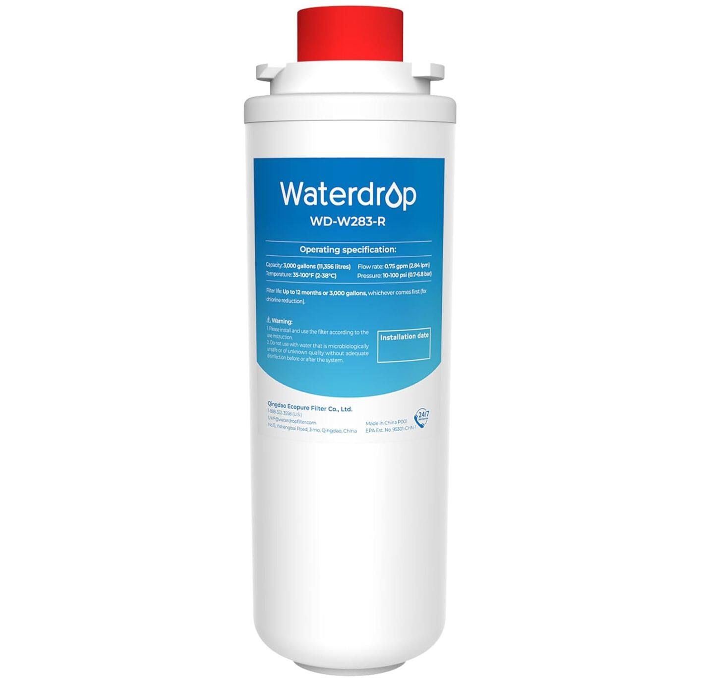 Waterdrop WD-W283-R  
Operating specification:  
Capacity: 1,000 gallons (3.566 liters)  
Flow rate: 0.5 gpm (1.9 l/min)  
Pressure: 10-100 psi (0.69-6.9 bar)  
Temperature: 35-100°F (1-38°C)  
Filter life: up to 12 months or 3,000 gallons, whichever comes first  
Chlorine reduction  

Warning:  
Do not use water that is microbiologically unsafe without adequate disinfection before using the filter.  

Installation date:  
Made in China  
EPA Ex. No. 9002-CHN  

Qingdao Ecopure Filter Co., Ltd.  
163-233, Jiaozhou Road, Jiaozhou, China