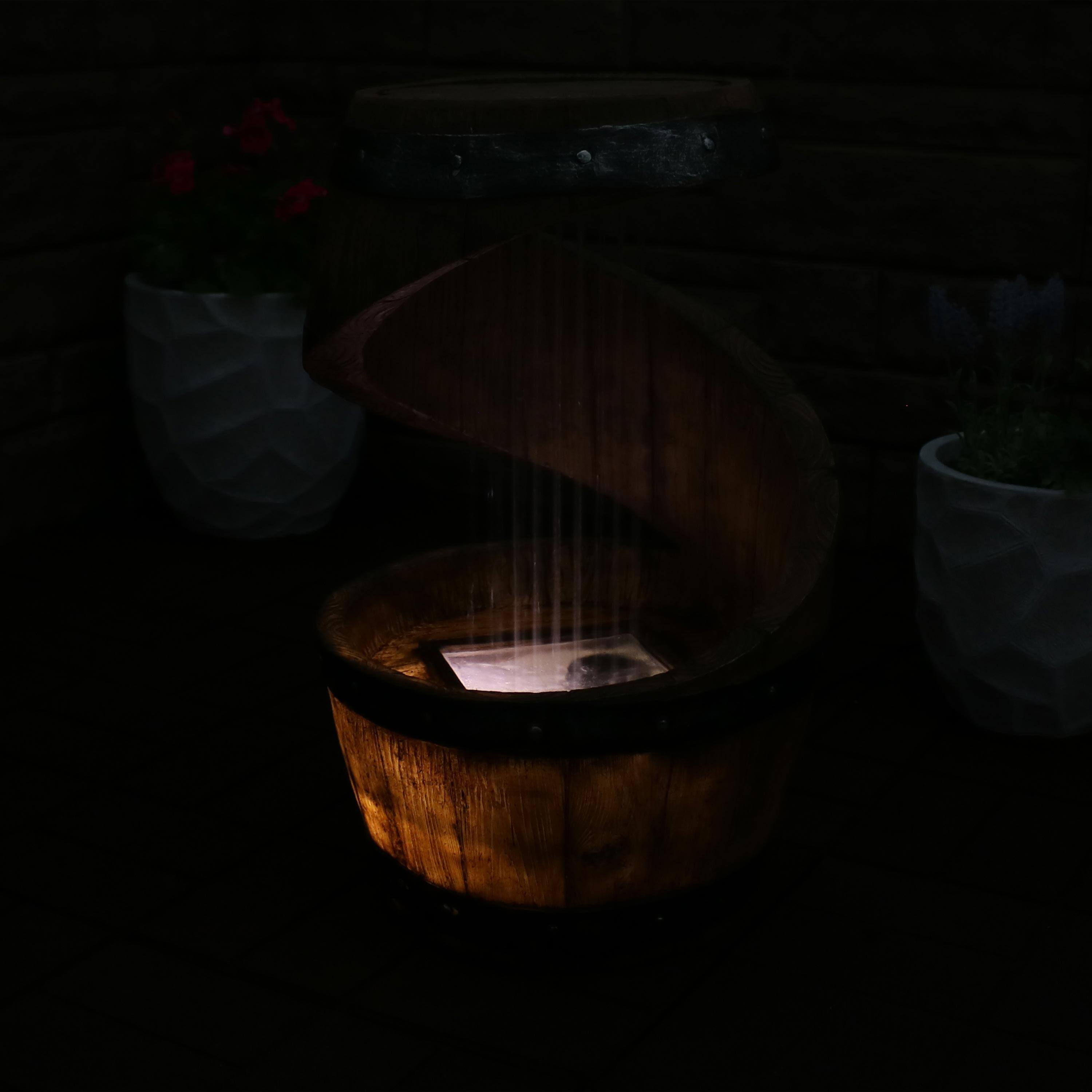 Alt View 4. Sunnydaze - Spiraling Barrel Outdoor Water Fountain with LED Lights - 25 in - Brown.