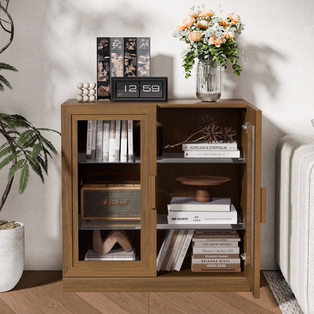 Lirago - Solid Wood Accent Cabinet with Glass Doors Wood Grain 31"H x 16"D x 31"W Storage Organizer - Walnut