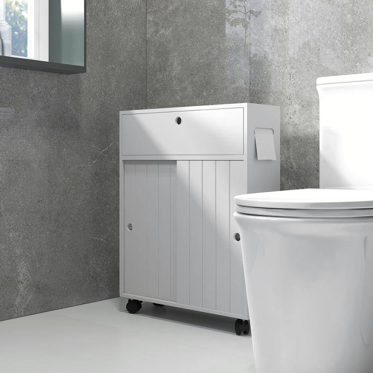 Alt View 2. PULUZ - Toilet Paper Cabinet, Slim Bathroom Cabinet with 4 Rolling Wheels, Small Bathroom Storage Cabinet with Paper Holes, Slid - White.