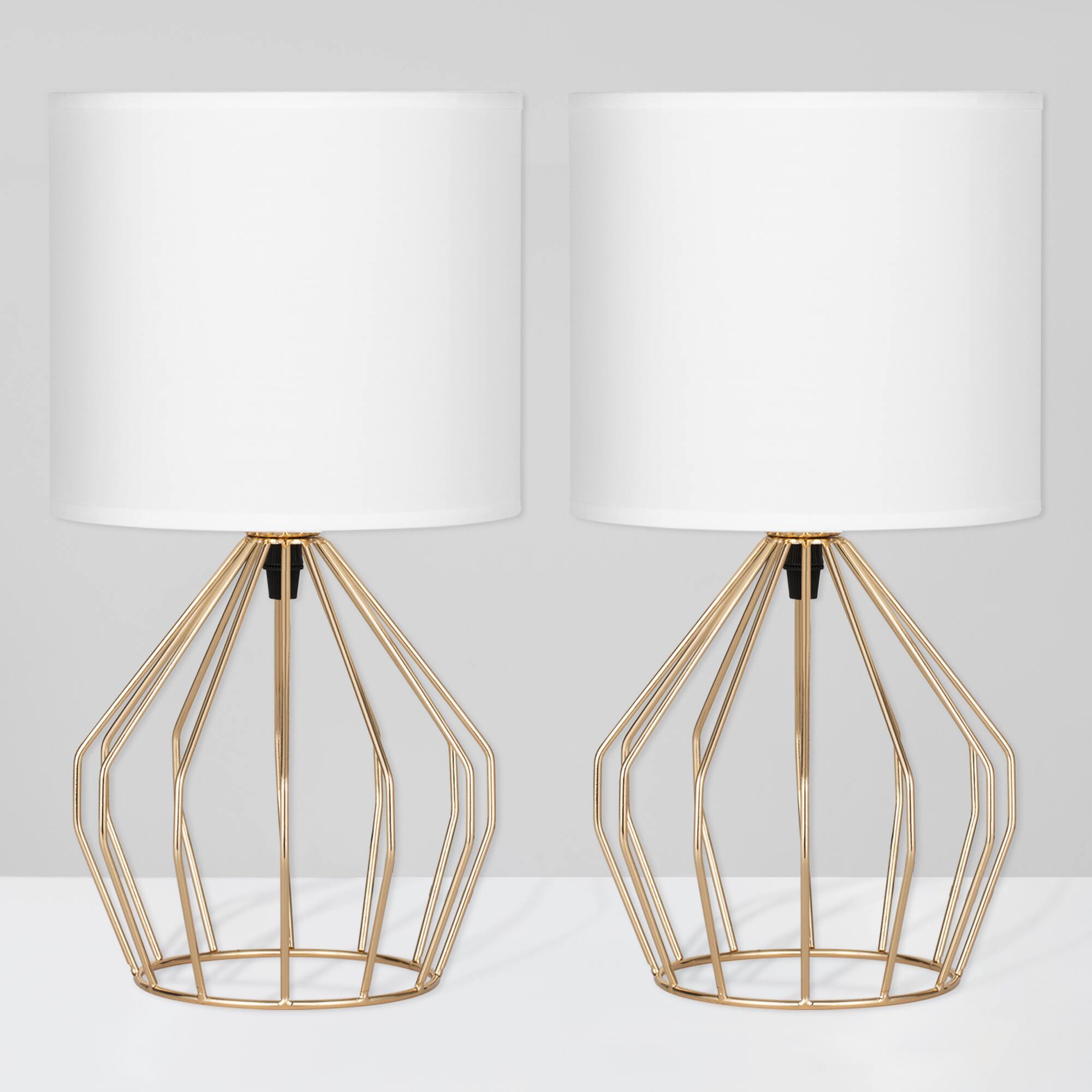 Oumilen - Set of 2 Modern Geometric Wire Base Bedside Lamps with White Fabric Shade, 67" Cord, E26 Base (Bulb Not Included)