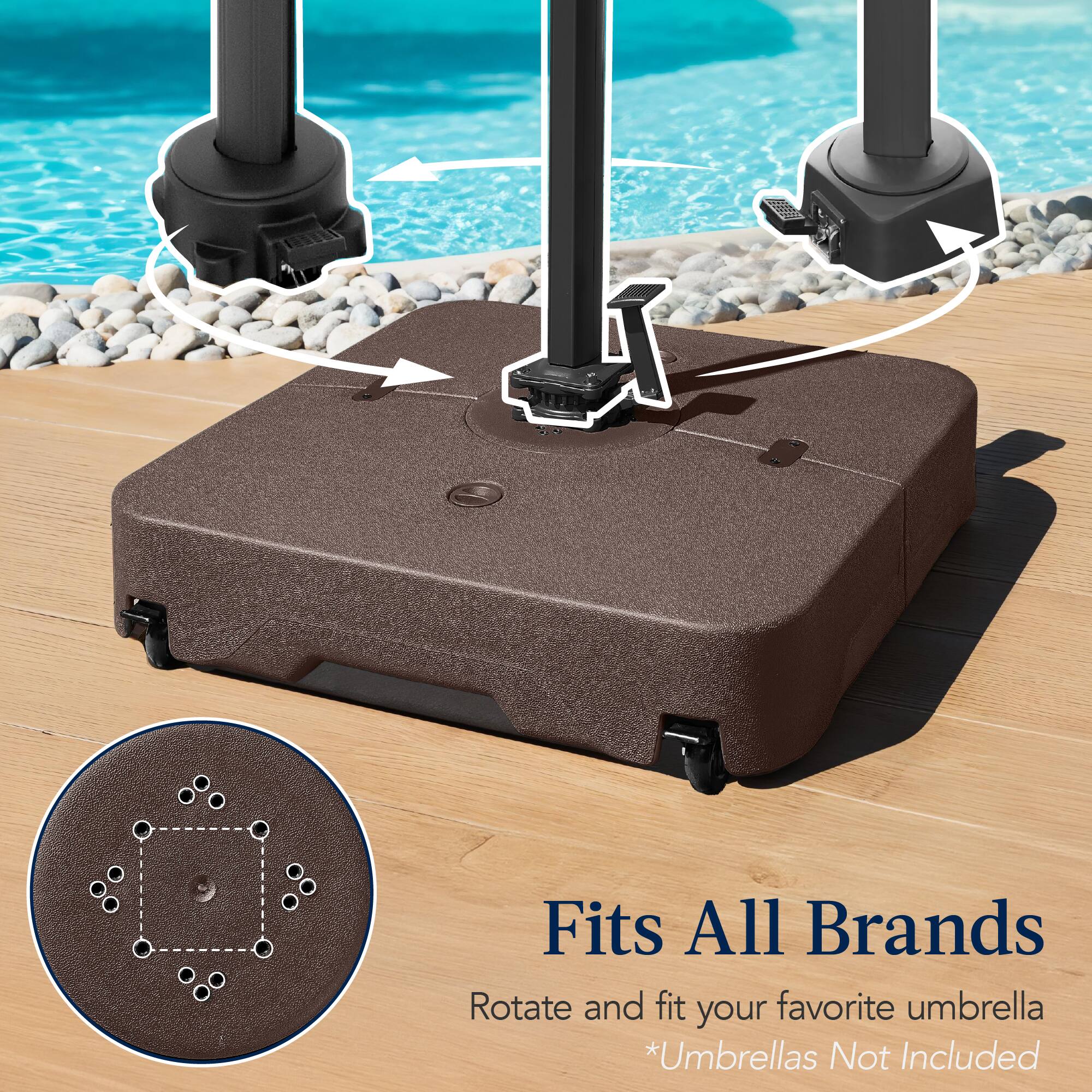 Fits All Brands. Rotate and fit your favorite umbrella. *Umbrellas Not Included.