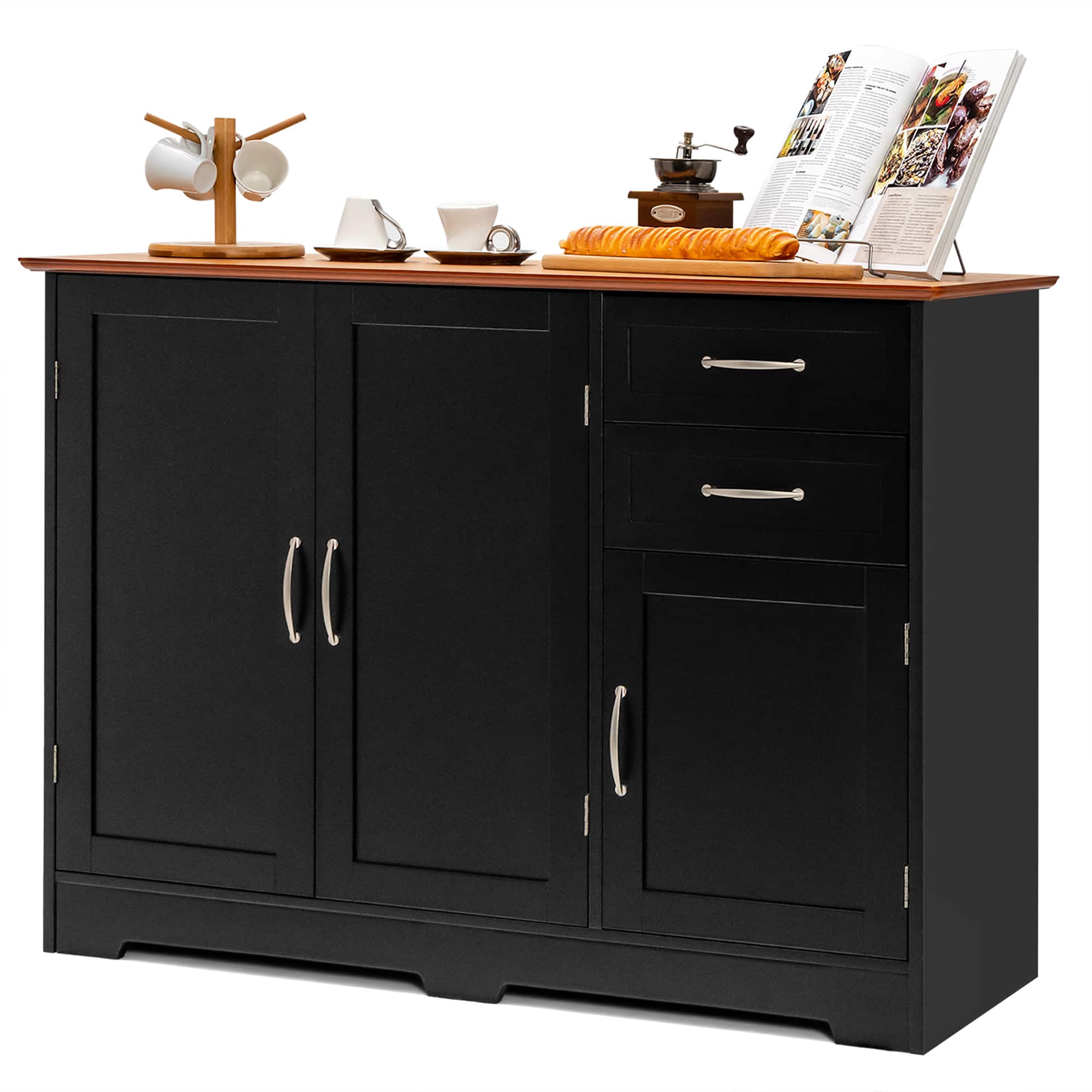 Costway - Buffet Sideboard Kitchen Cupboard Storage Cabinet with 2 Drawers & 3 Doors - Black,Vermilion
