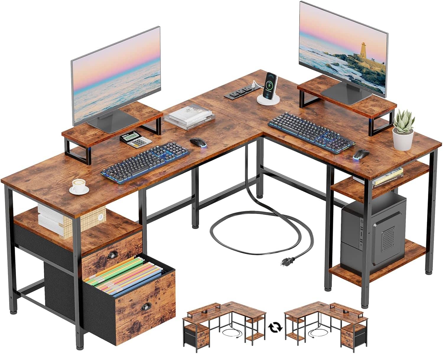 Furologee - 59” L Shaped Desk with Power Outlet - Brown