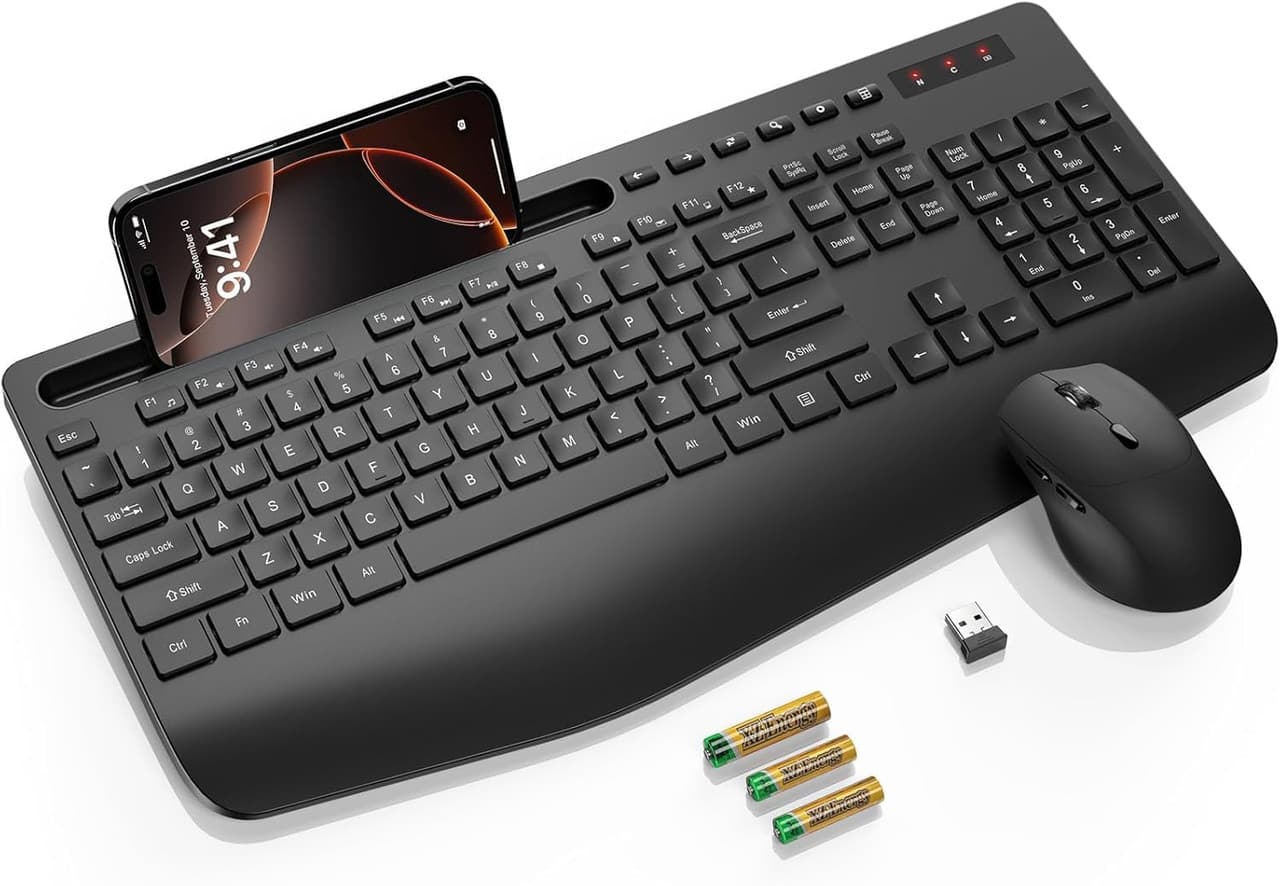 Luckbyte - Full-Size Ergonomic Wireless Keyboard & Mouse Combo - Integrated Phone Holder, Wrist Rest, and 95% Silent Typing - Black