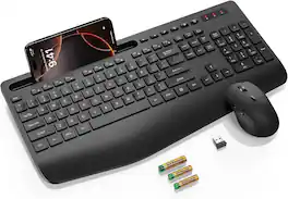 Luckbyte - Full-Size Ergonomic Wireless Keyboard & Mouse Combo - Integrated Phone Holder, Wrist Rest, and 95% Silent Typing - Black