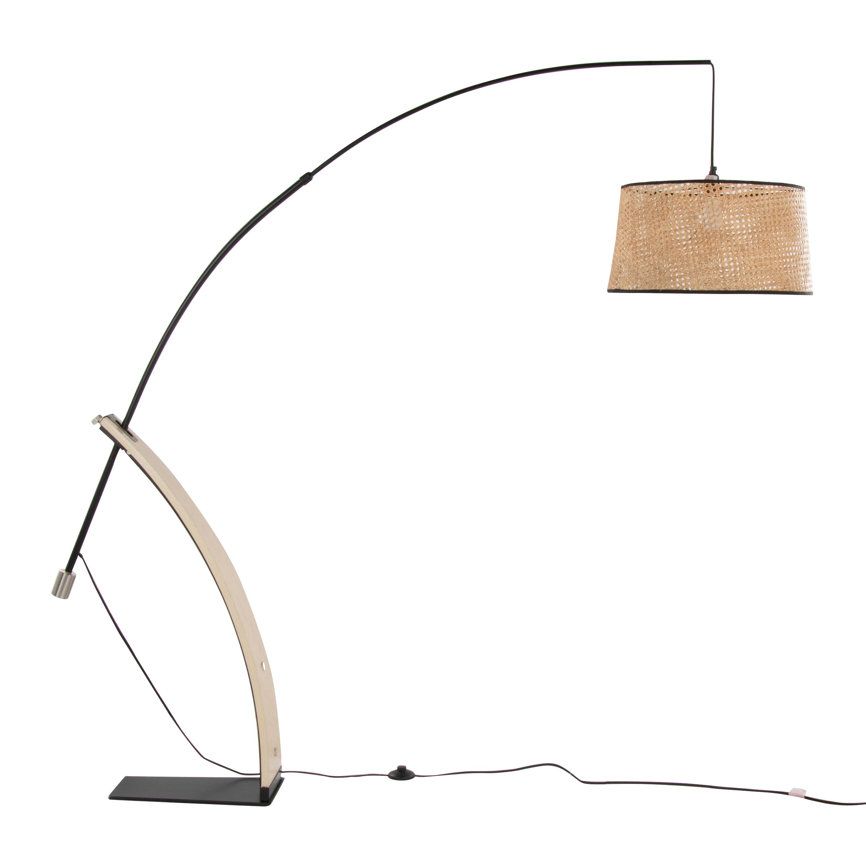 Left. Loheer - Loheer Mid Century Modern Floor Lamp Natural Wood Black Metal Rattan Shade - Natural.
