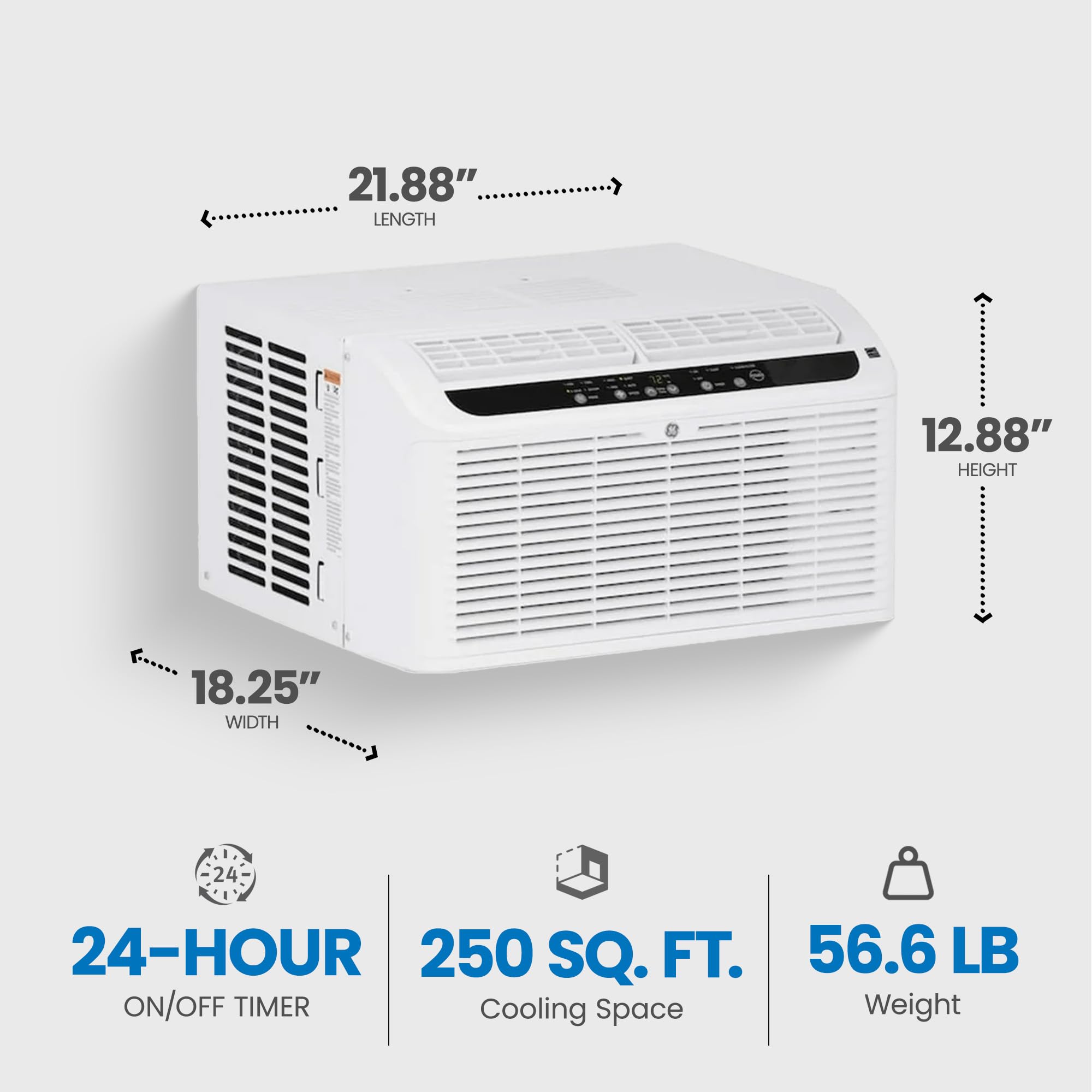 The text on the image is grouped and corrected as follows:

* Length: 21.88"
* Height: 12.88"
* Width: 18.25"
* 24-hour timer
* 250 sq. ft. cooling space
* On/off timer
* 56.6 lb weight
