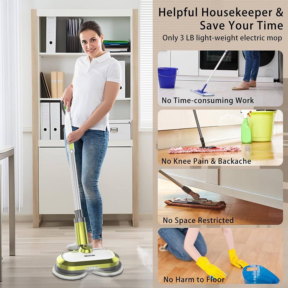 Helpful Housekeeper & Save Your Time  
Only 3 LB light-weight electric mop  

No Time-consuming Work  
No Knee Pain & Backache  
No Space Restricted  
No Harm to Floor