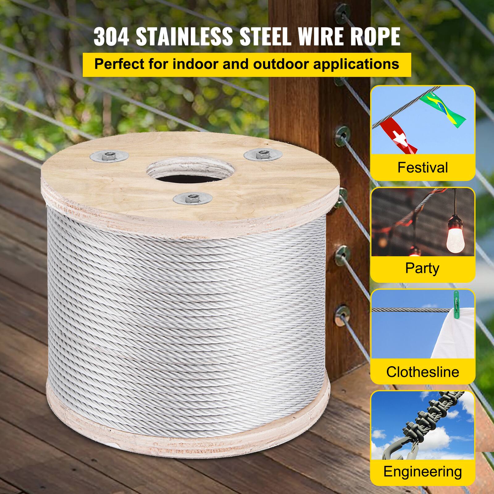 304 STAINLESS STEEL WIRE ROPE  
Perfect for indoor and outdoor applications  

- Festival  
- Party  
- Clothesline  
- Engineering