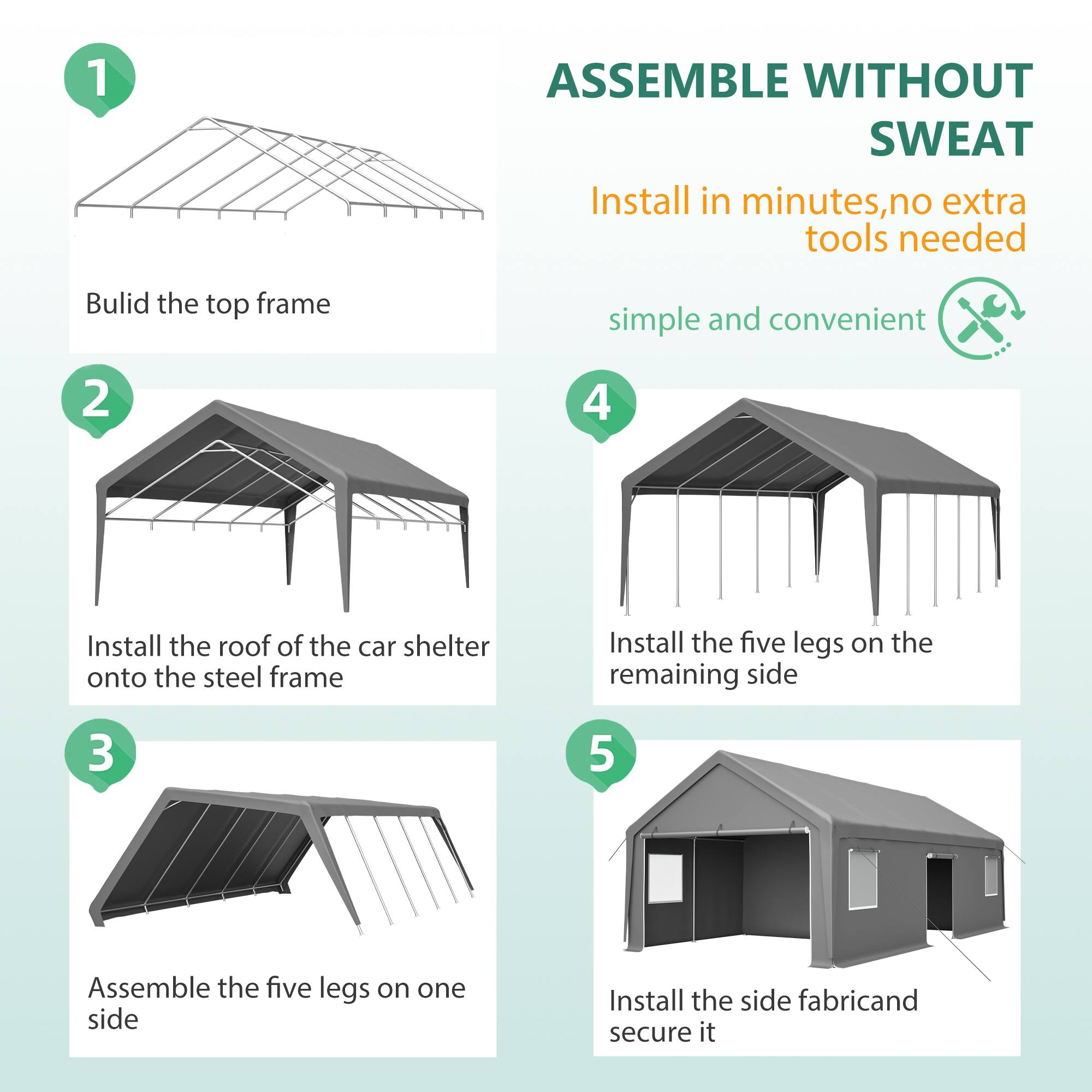 1. Build the top frame
2. ASSEMBLE WITHOUT SWEAT
   Install in minutes, no extra tools needed
   simple and convenient
3. Install the roof of the car shelter onto the steel frame
4. Install the five legs on one side
5. Install the five legs on the remaining side
6. Install the side fabric and secure it