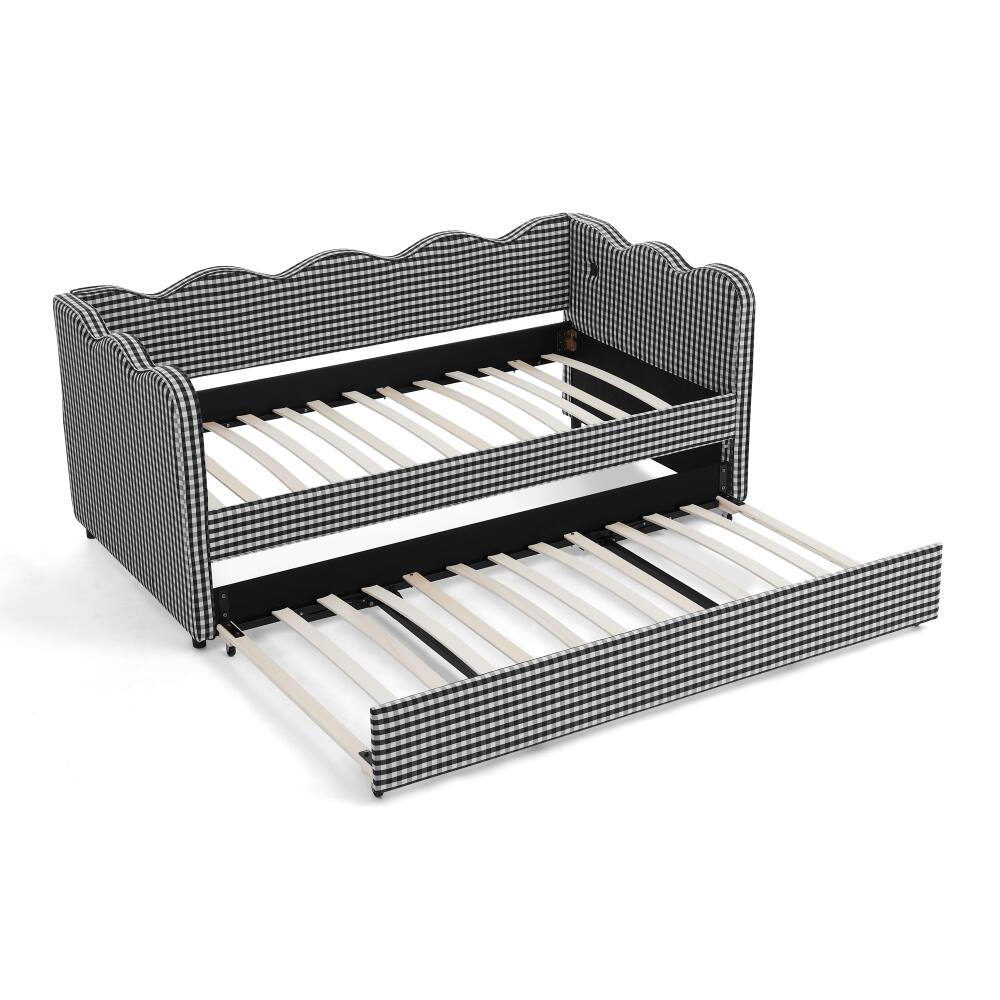 Alt View 6. JUJABU - Black Cozy Gingham Daybed with Twin Size Trundle No Box Spring Needed, with USB Port and Adorable Wave Shaped - Black.
