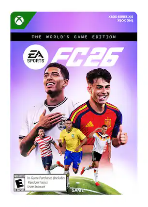 XBOX SERIES X|S XBOX ONE
THE WORLD'S GAME EDITION EA FC26 SPORTS
EVERYONE In-Game Purchases (Includes Random Items) Users Interact ESRB GAME - E (Everyone)