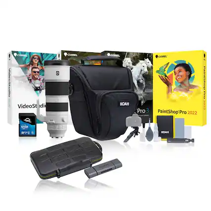 - VideoStudio 2020
- COREL VideoStudio Pro 3
- COREL PaintShop Pro 2022
- 64GB SD Card
- KOAH Camera Bag
- KOAH Camera Accessories (including lens, tripod, cleaning kit, etc.)
- KOAH Portable Charger