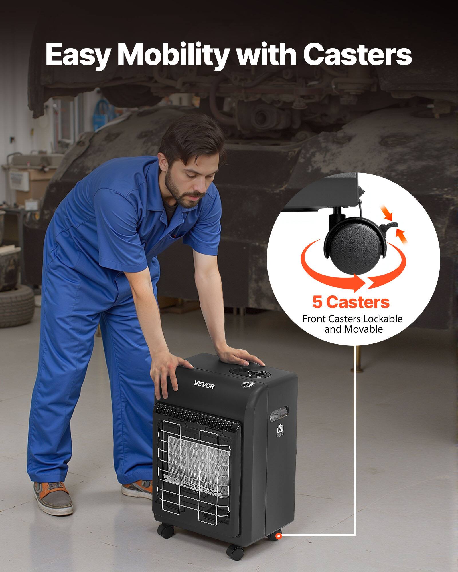 Easy Mobility with Casters

5 Casters
Front Casters Lockable and Movable

VEVOR