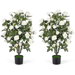 Gymax - 2PCS Artificial Rose Tree Faux Rose Flower Tree w/Blooming Flowers Green Leaves - White