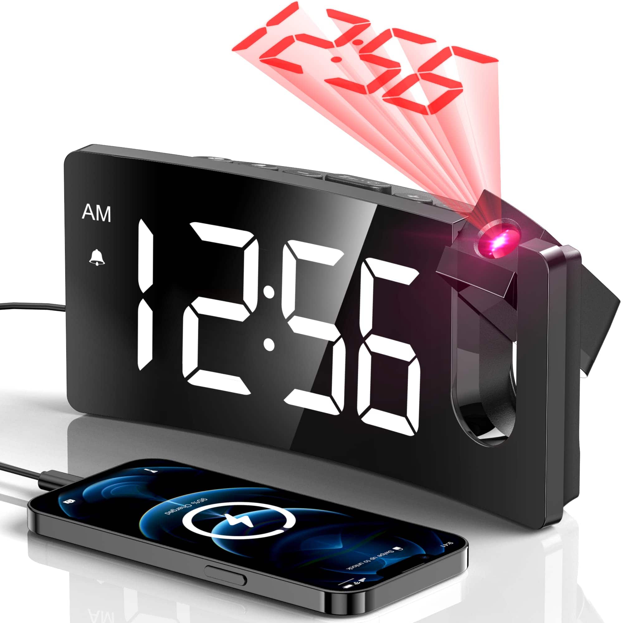 Dazzed Corner - Digital Alarm Clock, Digital Clock with 180° Rotatable Projector, USB Charger,12/24H - Black