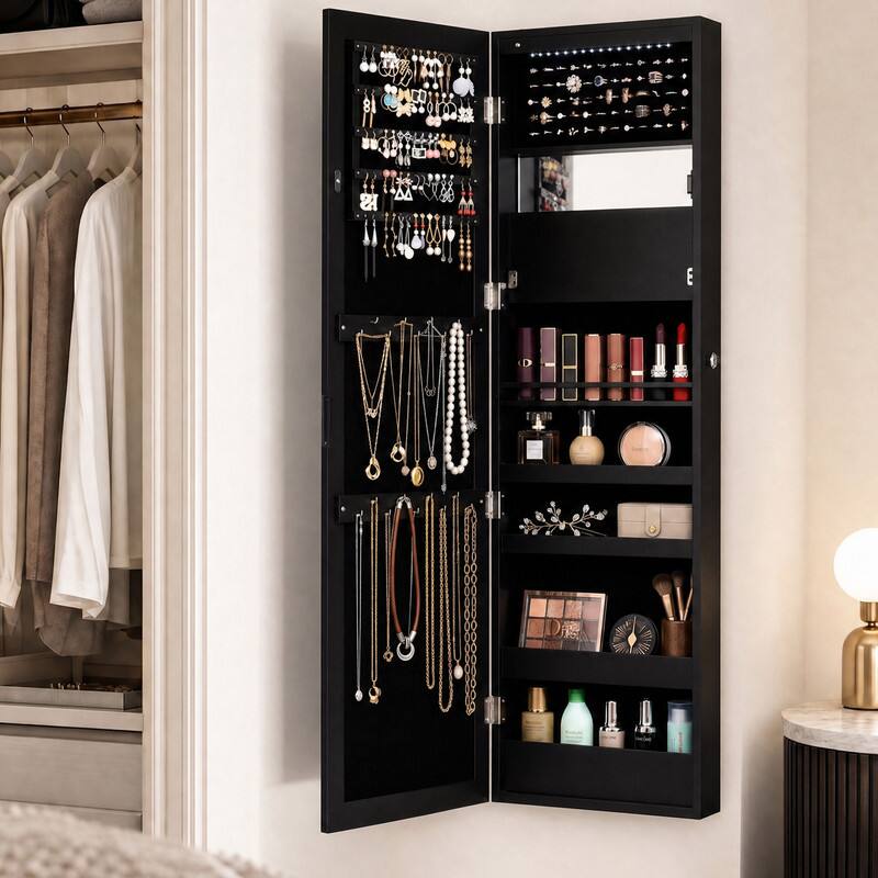 Alt View 3. WELLFOR - Full-Length Mirror Jewelry Cabinet with LED Lights &Lockable,  Wall Door Mounted Jewelry Armoire Organizer - Brown.