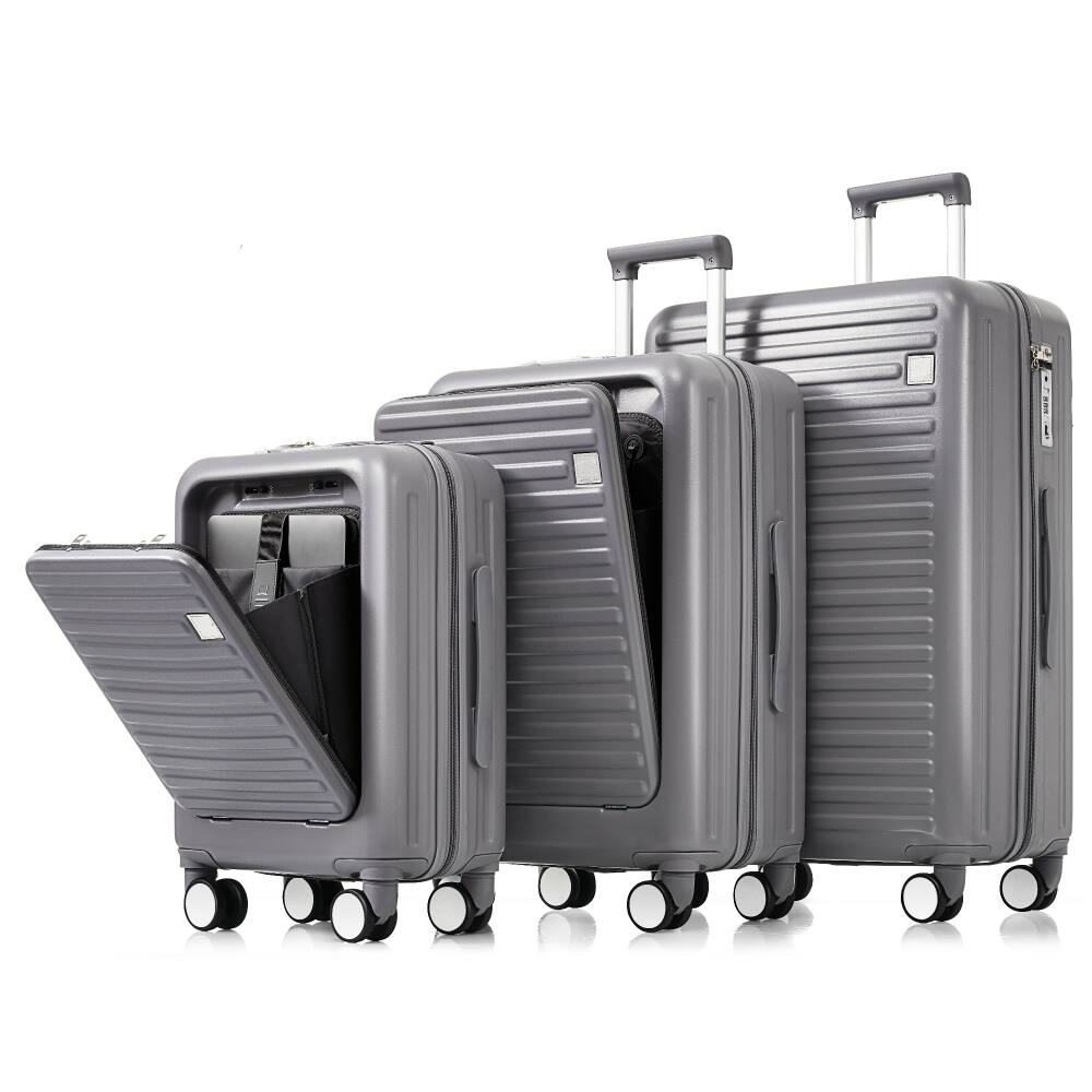 BreeBe - 3-Piece Luggage Set, 20"/24"/28", USB Port, Front-Opening 20"/24", ABS Hardshell Suitcases - Gray