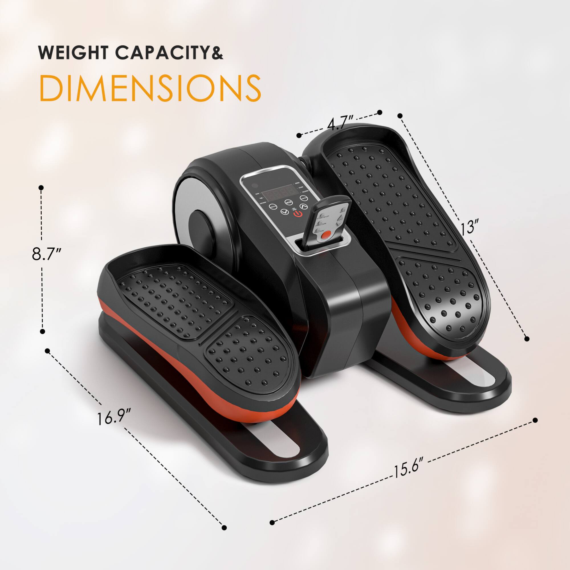 WEIGHT CAPACITY & DIMENSIONS

- 4.7"
- 8.7"
- 13"
- 16.9"
- 15.6"