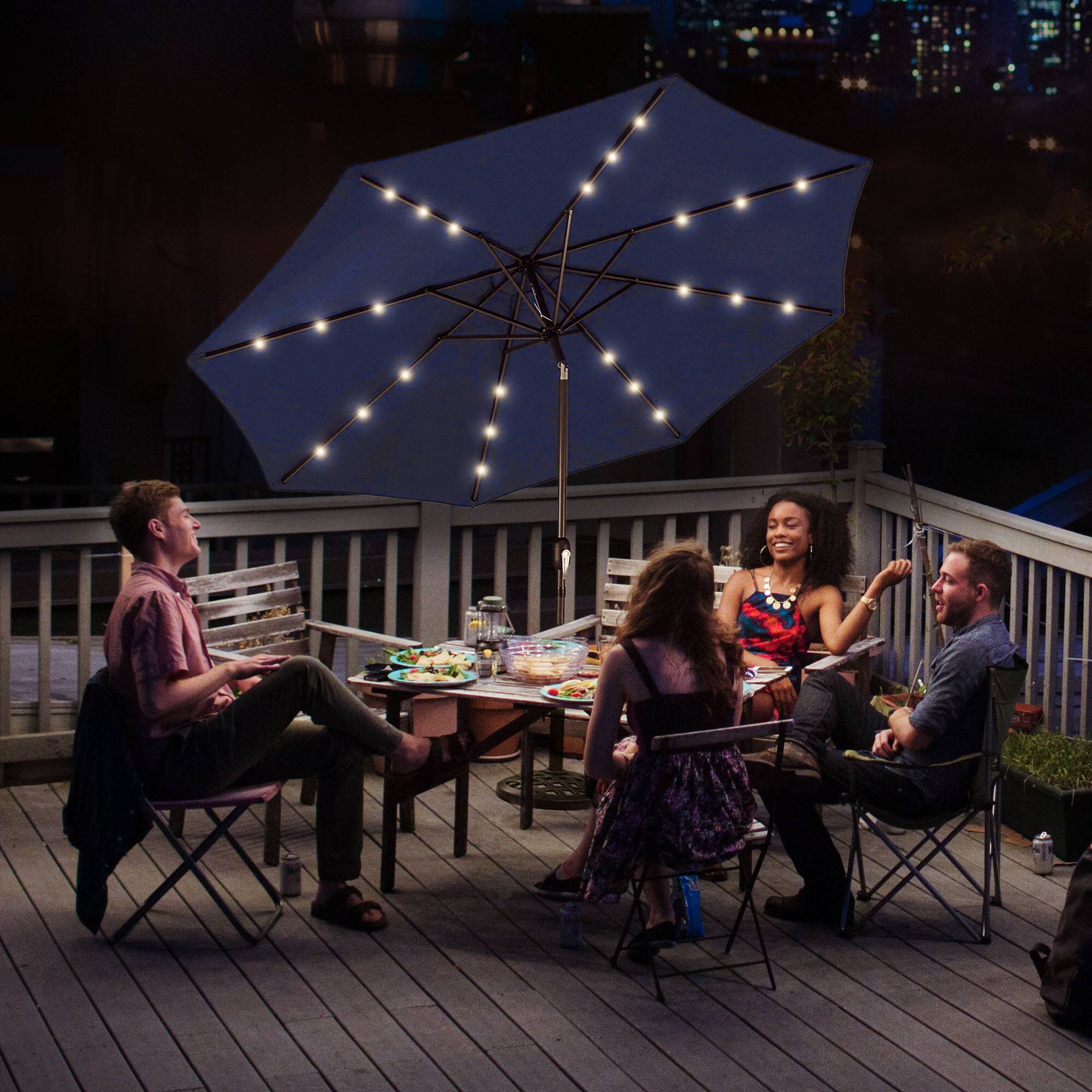 Alt View 7. Four Seasons Courtyard - Four Seasons Courtyard 9’ Polyester Patio Market LED Umbrella w/Steel Pole, Navy - Navy.