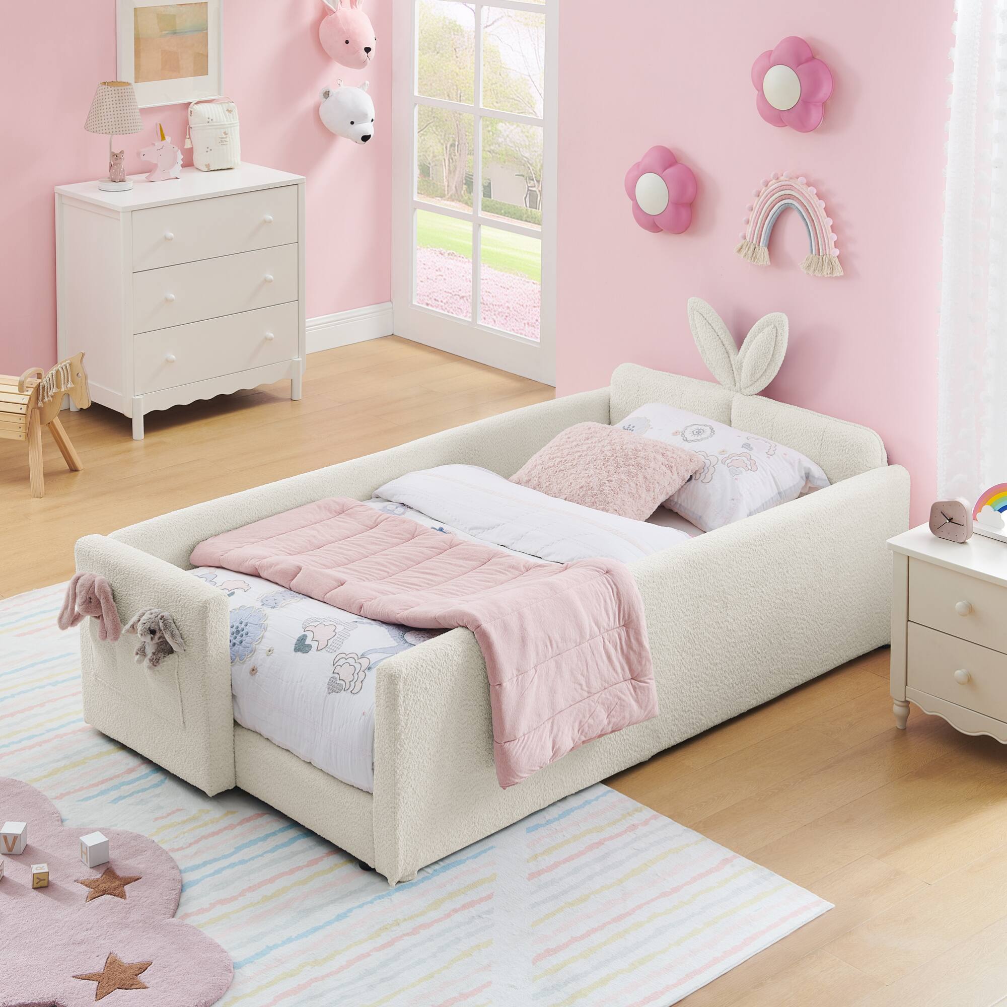 Back. GOODSILO - Twin Size Upholstered Platform Bed with Playful Bunny Ear Headboard and Safety Features in Soft Neutral Fabric - Beige.