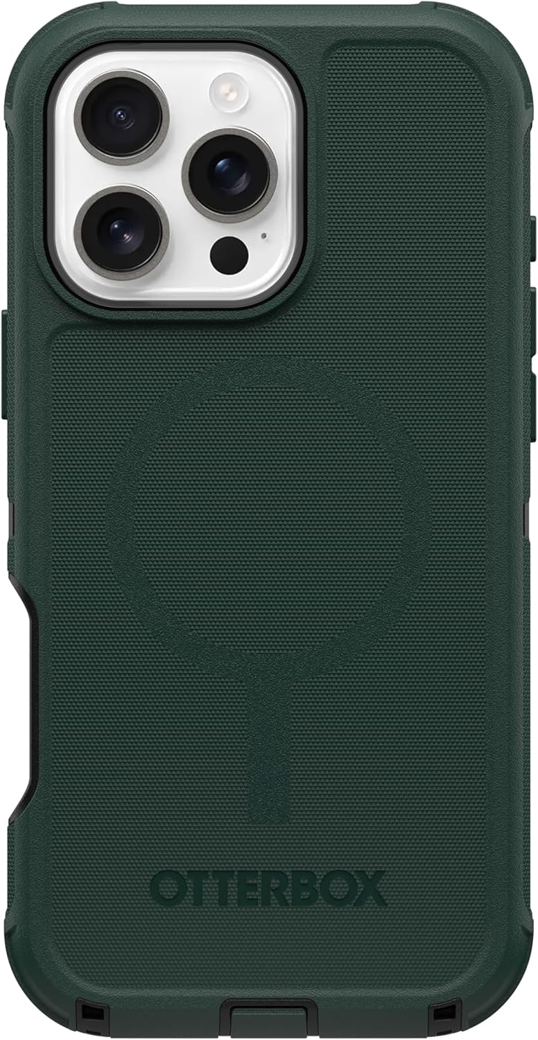 Left. OtterBox - OtterBox iPhone 16 Pro Max, Defender Series Case - Case Only - Built-in Magnets - Rugged & Durable, with Port Protection - Cinder Cashew (Green & Black).