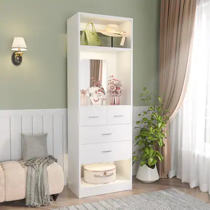 Front. Aheaplus - 25 Inch Closet System with 4 Wooden Drawers, Freestanding Closet Organizer with Mirror & Storage Shelves - White.