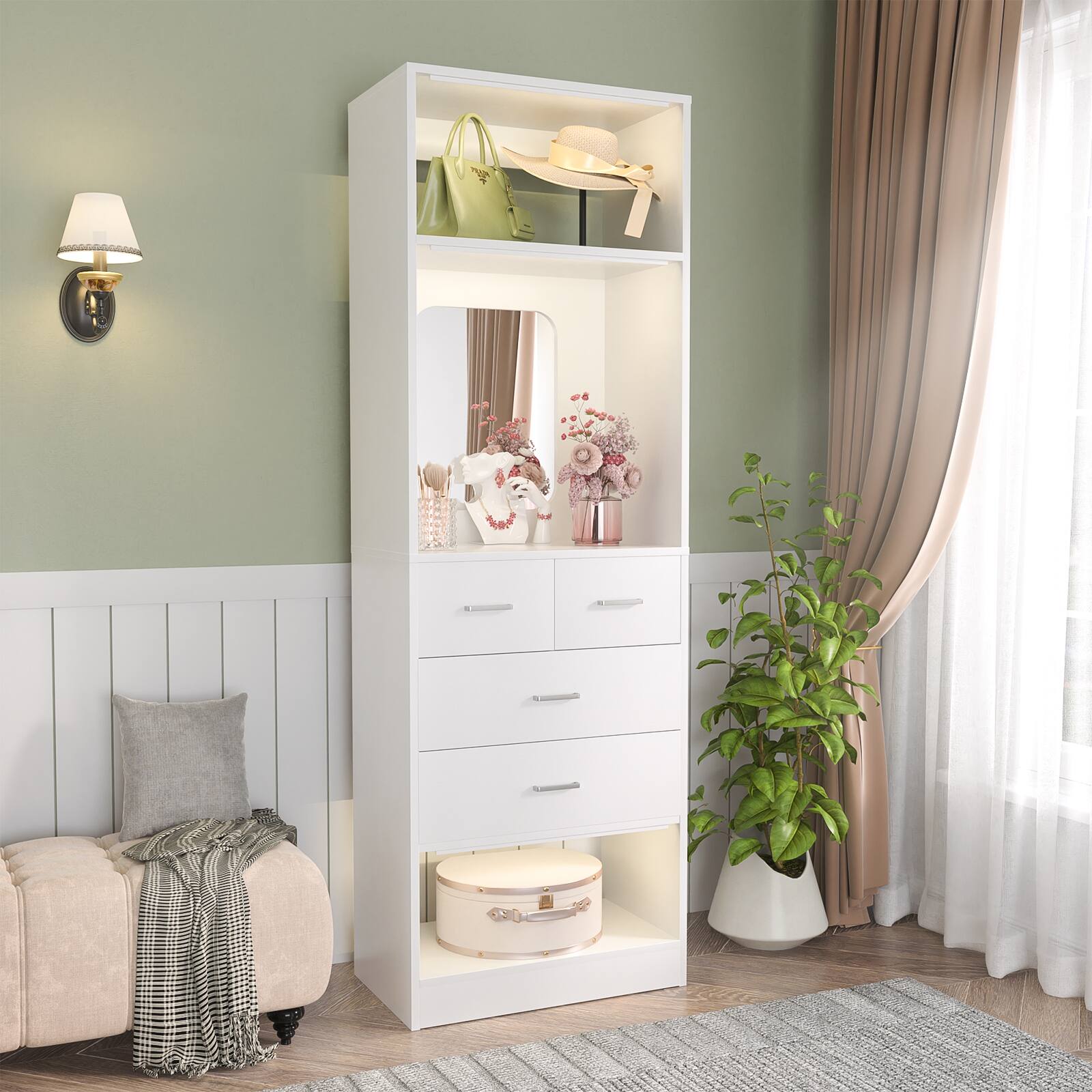 Front. Aheaplus - 25 Inch Closet System with 4 Wooden Drawers, Freestanding Closet Organizer with Mirror & Storage Shelves - White.