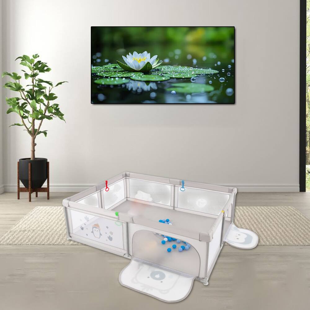 Hivvago - Baby Playpen with Pull Rings, Ocean Balls, and Adorable Design -Penguin - Gray