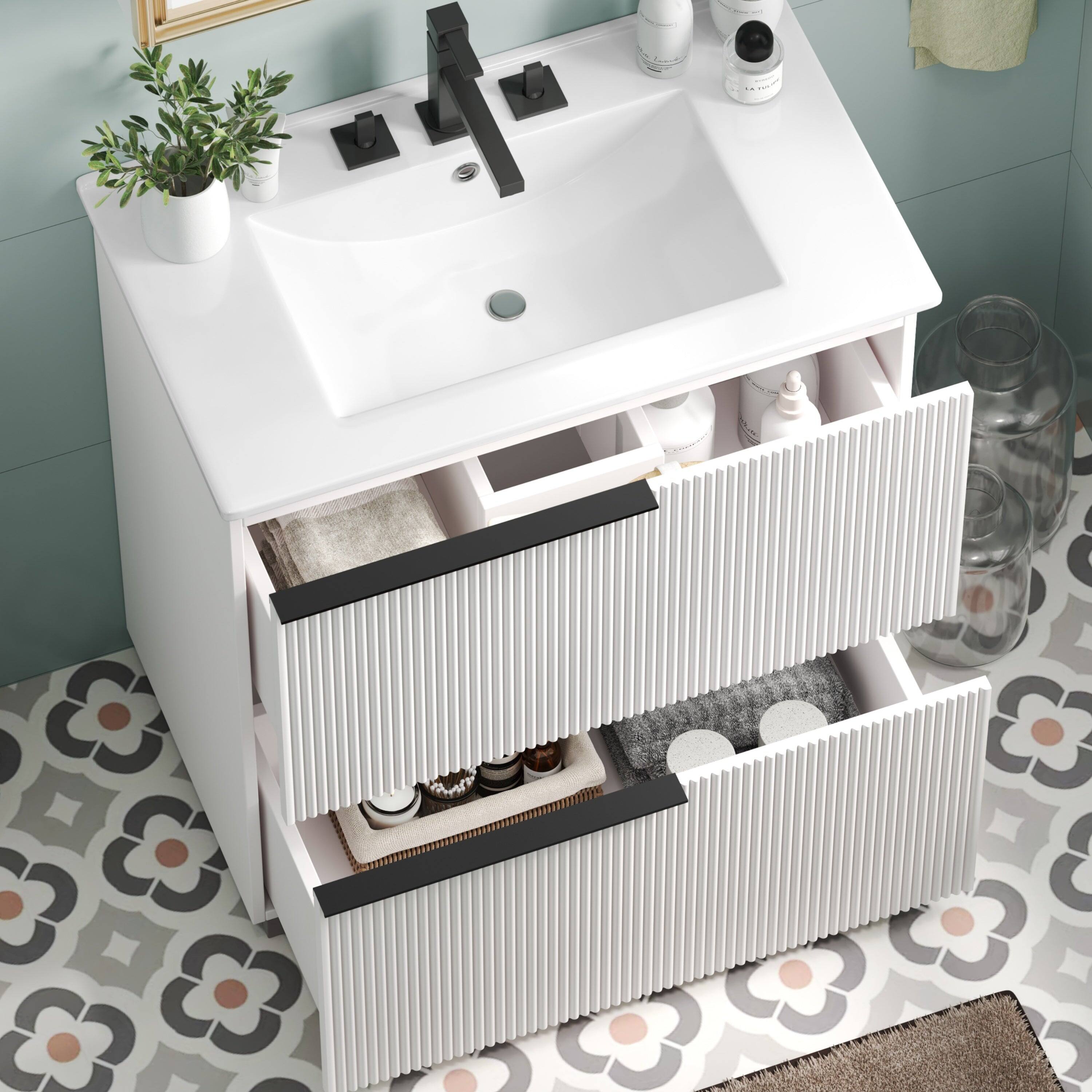 Alt View 10. Boyel Living - 30 Inch Bathroom Vanity with Ceramic Sink Full Extension Drawers Soft Close Fluted Design White - White.