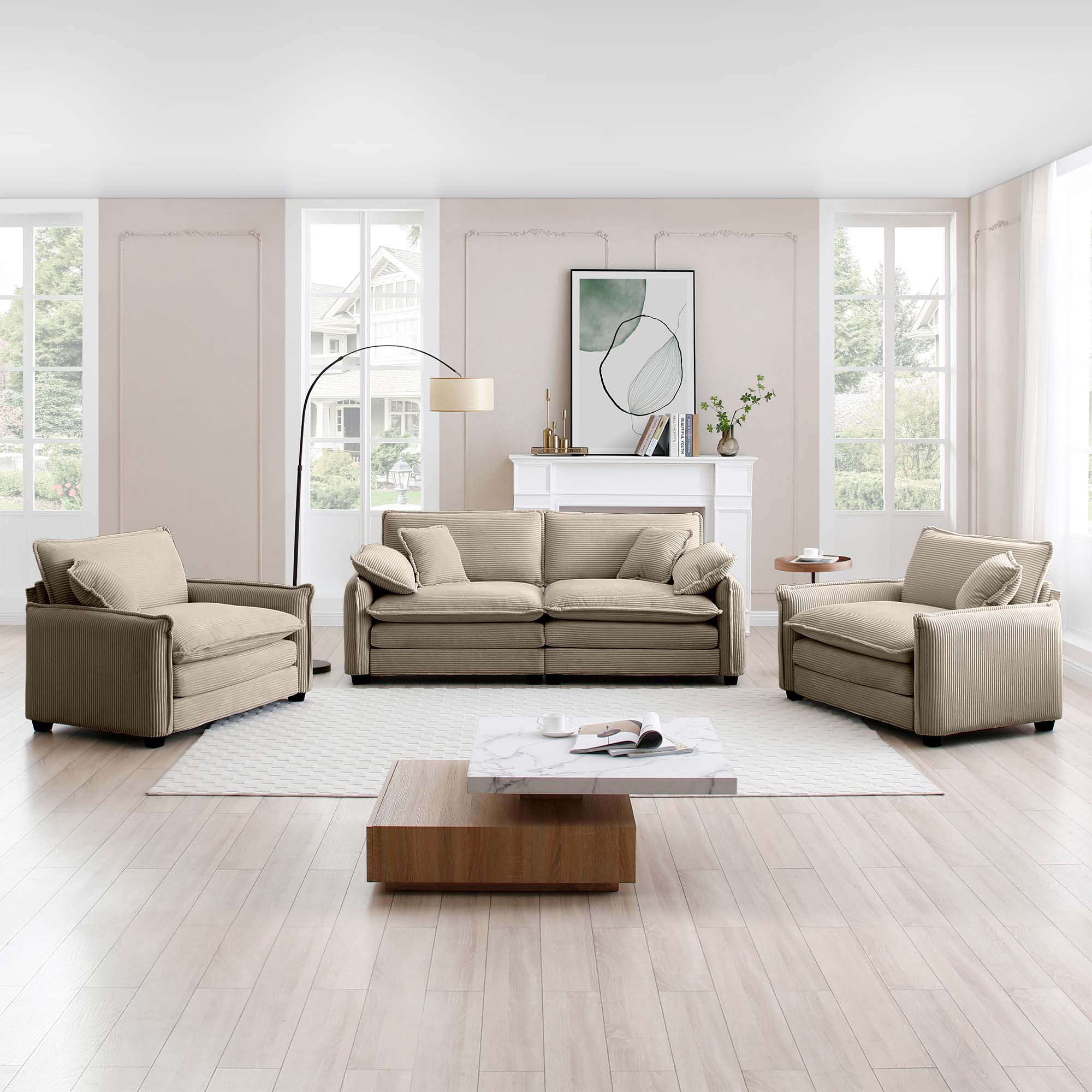 Left. LOVMOR - Single Seat Corduroy Sofa Set Easy Assembly Memory Foam For Living Room Bedroom Home Theater Soft Textured Den - Tan.