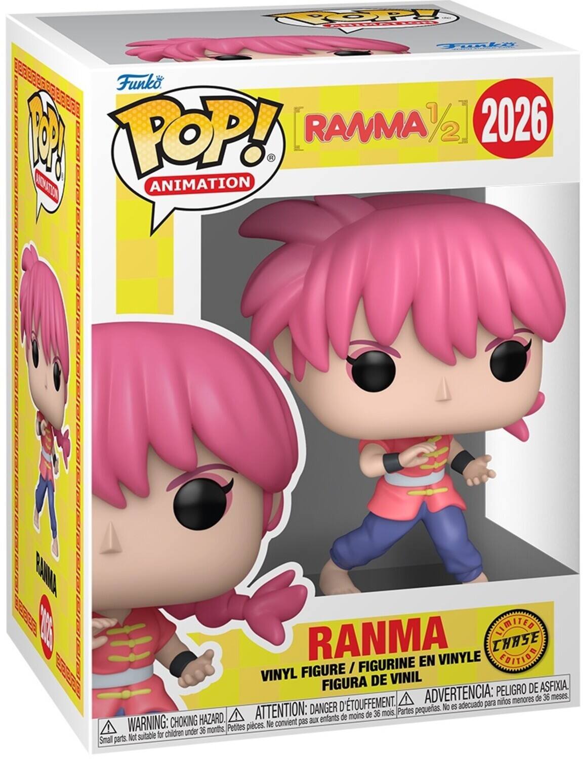 Sure, here is the corrected and grouped text from the image:

---

**Funko POP! Animation**

**RANMA 1/2**

**2026**

**LIMITED CHASE EDITION**

**VINYL FIGURE / FIGURINE EN VINYLE / FIGURA DE VINIL**

**WARNING: CHOKING HAZARD - Small parts. Not suitable for children under 36 months.**

**ATTENTION: DANGER D'ÉTOUFFEMENT - Petites pièces. Ne convient pas aux enfants de moins de 36 mois.**

**ADVERTENCIA: PEORIGRO DE ASFIXIA - Pequeñas piezas. No es adecuado para niños menores de 36 meses.**

---

This text is organized to reflect the information on the packaging accurately.