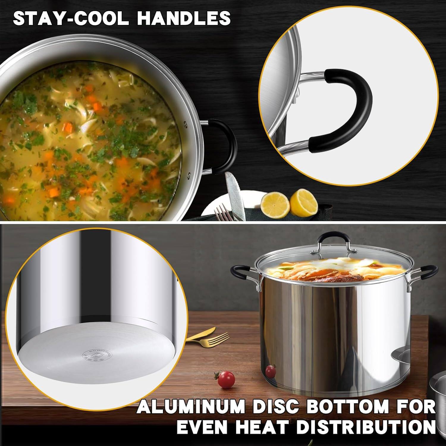 STAY-COOL HANDLES  
ALUMINUM DISC BOTTOM FOR EVEN HEAT DISTRIBUTION