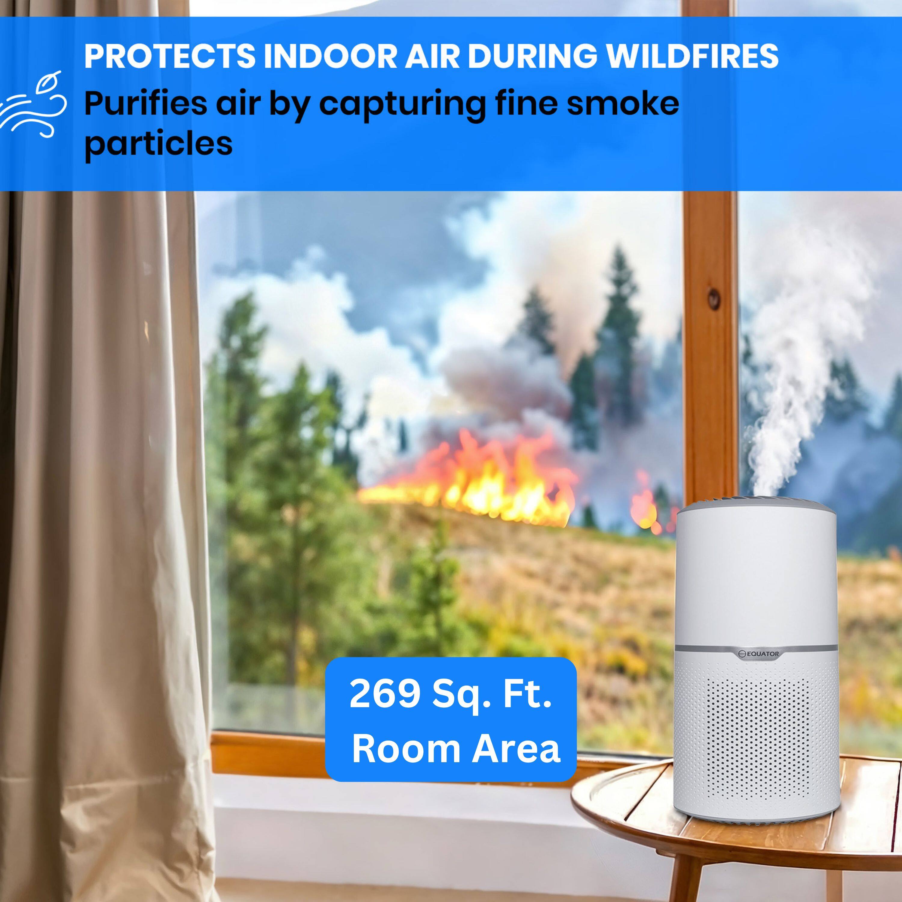 PROTECTS INDOOR AIR DURING WILDFIRES  
Purifies air by capturing fine smoke particles  

269 Sq. Ft. Room Area