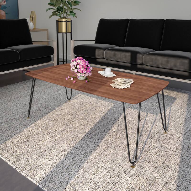 Angle. LeisureMod - Elmwood Minimalist Mid-Century Rectangular MDF Coffee Table with Black Iron Frame for Home Living Room - Walnut.
