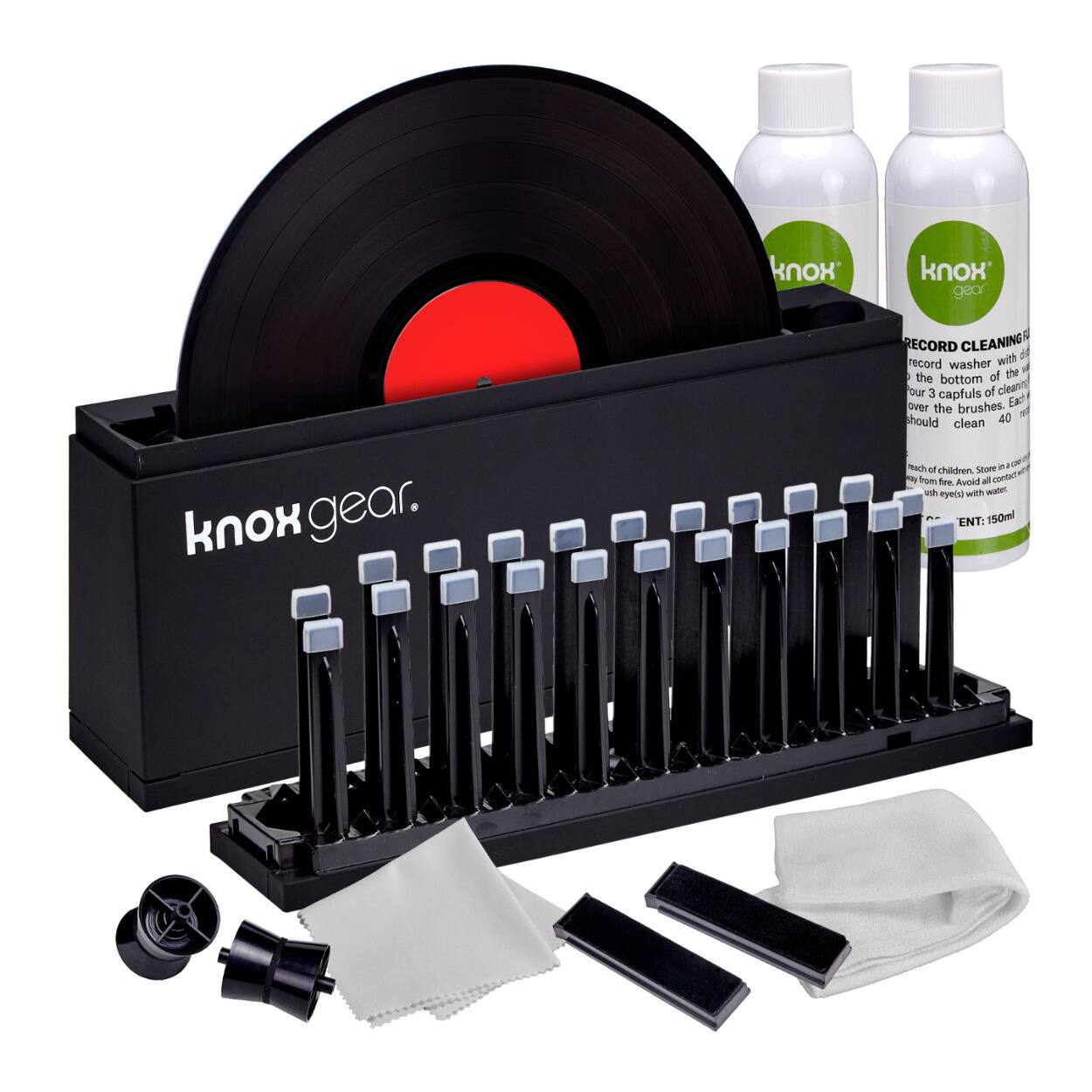 Knox Gear Record Cleaning Kit

- Record washer with the bottom of the record
- 3 capfuls of cleaner over brushes
- Each should clean 40 records
- Avoid contact with eyes
- ENT: 150ml

Record Cleaning Fluid
- Each bottle contains 150ml
- Reach of children. Store in a cool, dry place away from direct sunlight
- Keep from freezing. Avoid all contact with eyes
- ENT: 150ml