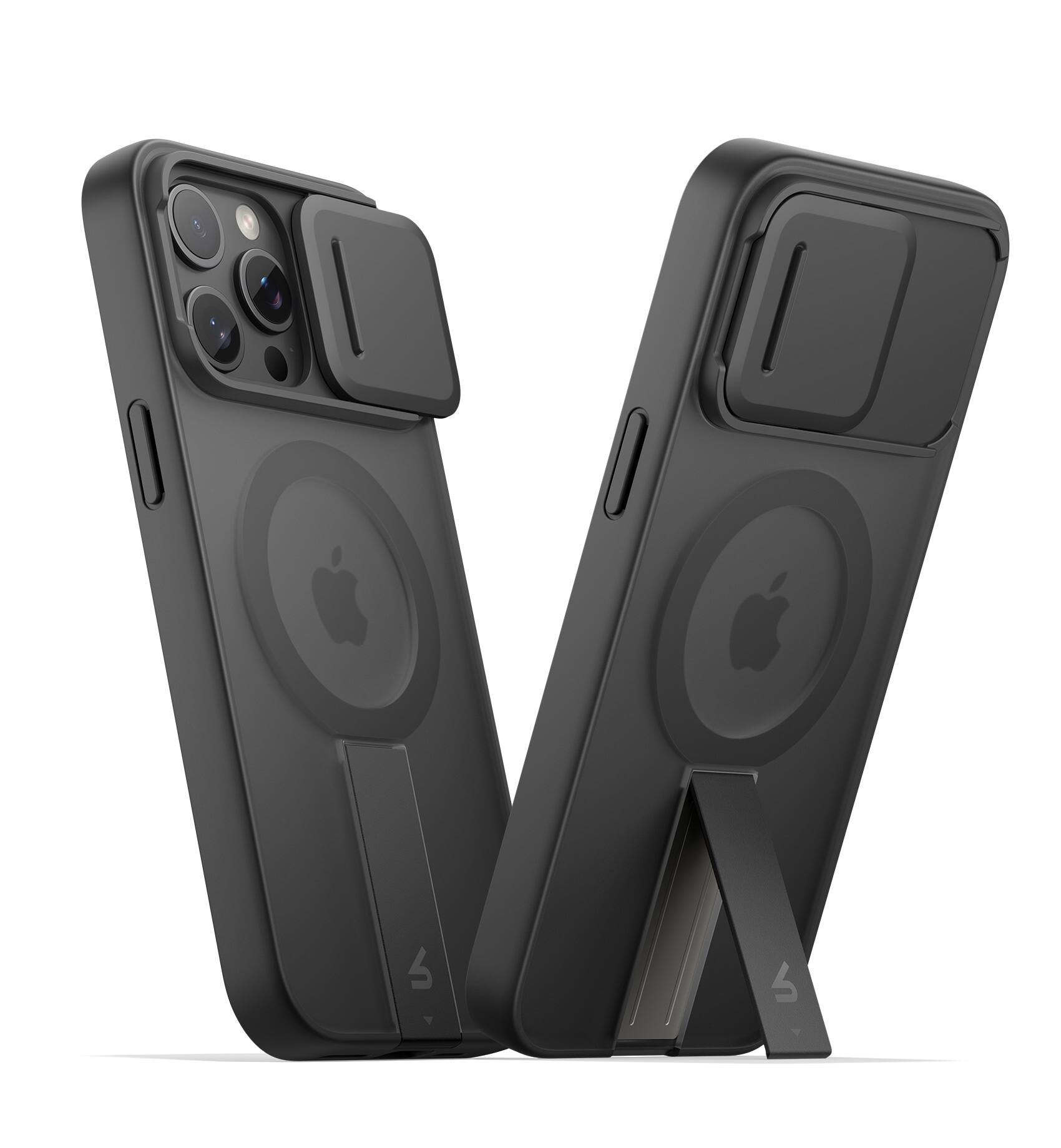 Angle. SURITCH - Rugged Case for iPhone 15 Pro, Compatible with MagSafe, Built-in Kickstand & Camera Cover & Translucent Back 6.1 inch - Aurora Black.